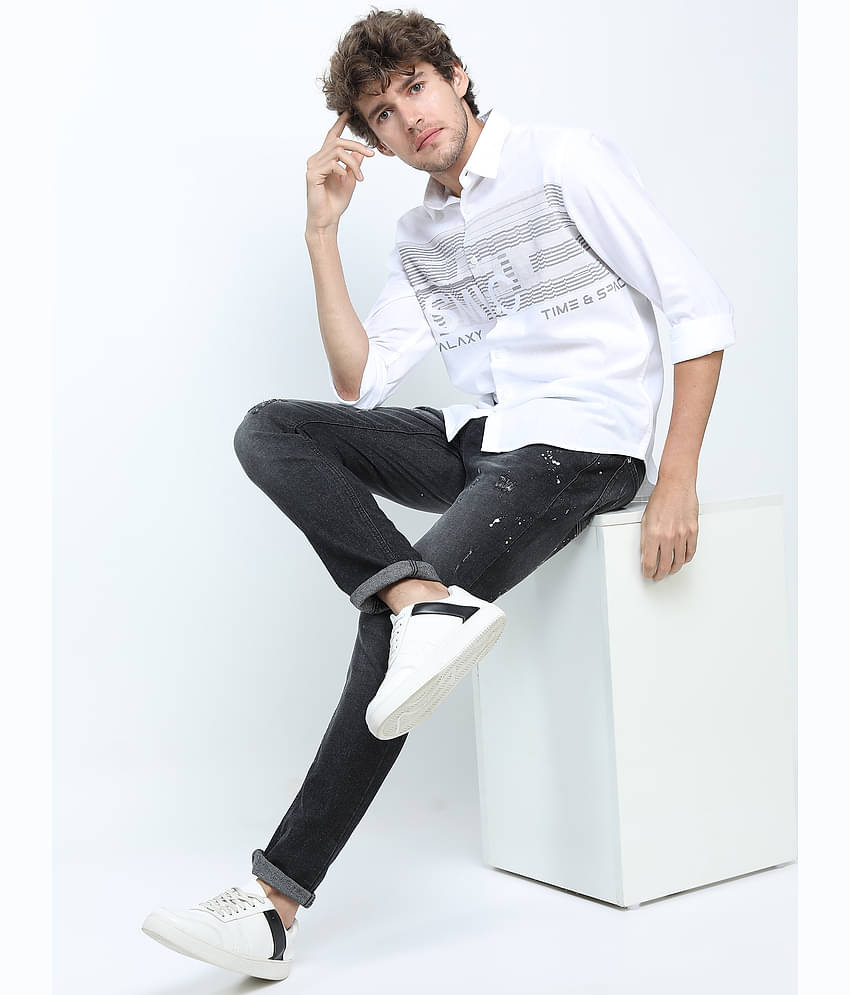 Ketch 100% Cotton Slim Fit Printed Full Sleeves Men's Casual Shirt - White ( Pack of 1 )
