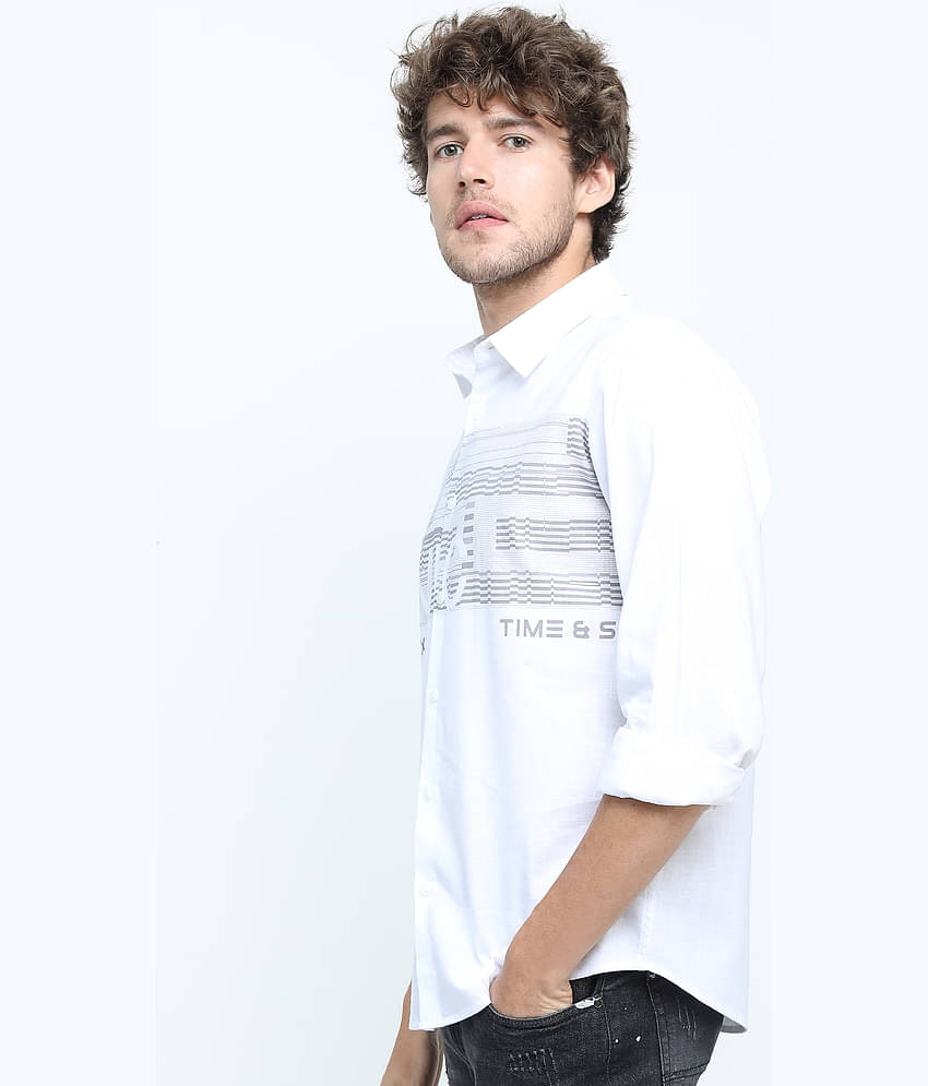 Ketch 100% Cotton Slim Fit Printed Full Sleeves Men's Casual Shirt - White ( Pack of 1 )