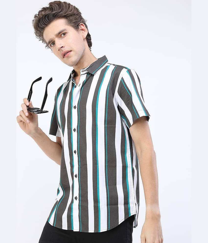 Ketch 100% Cotton Slim Fit Striped Half Sleeves Men's Casual Shirt - Grey ( Pack of 1 )