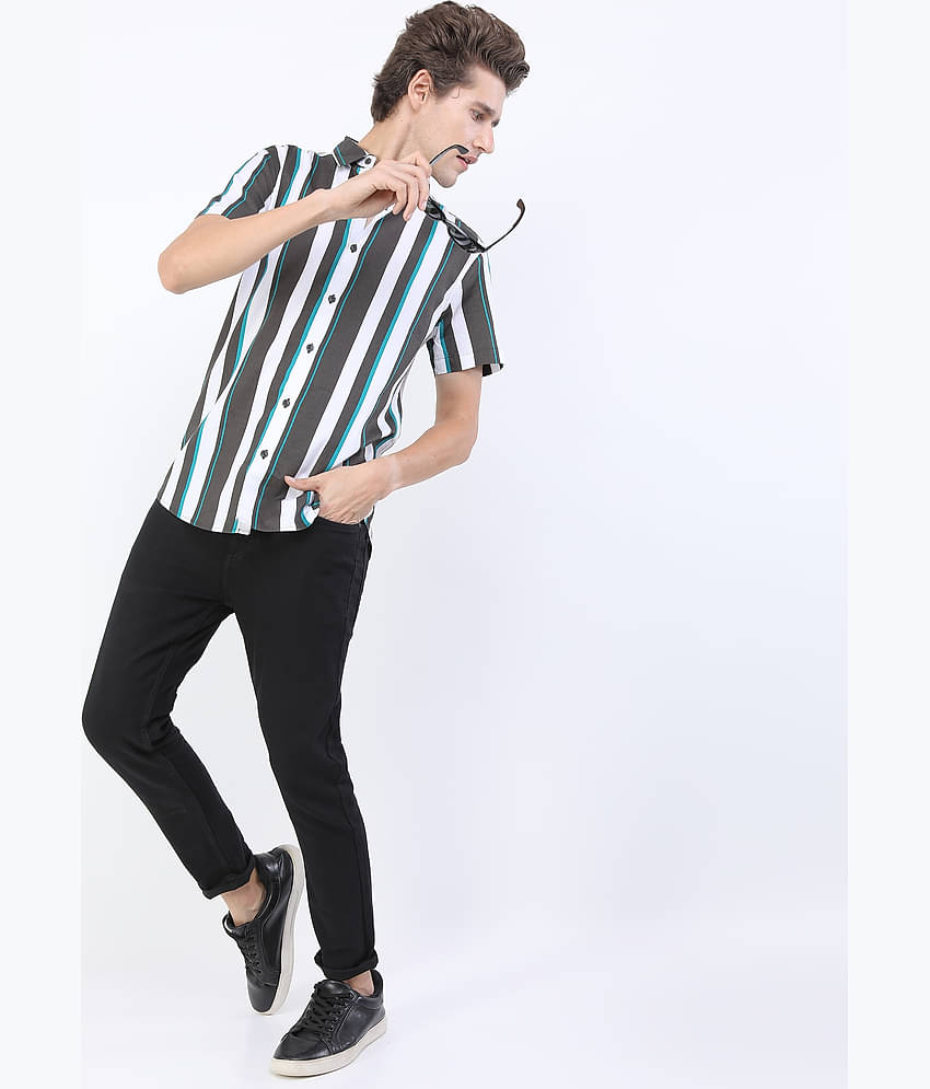 Ketch 100% Cotton Slim Fit Striped Half Sleeves Men's Casual Shirt - Grey ( Pack of 1 )