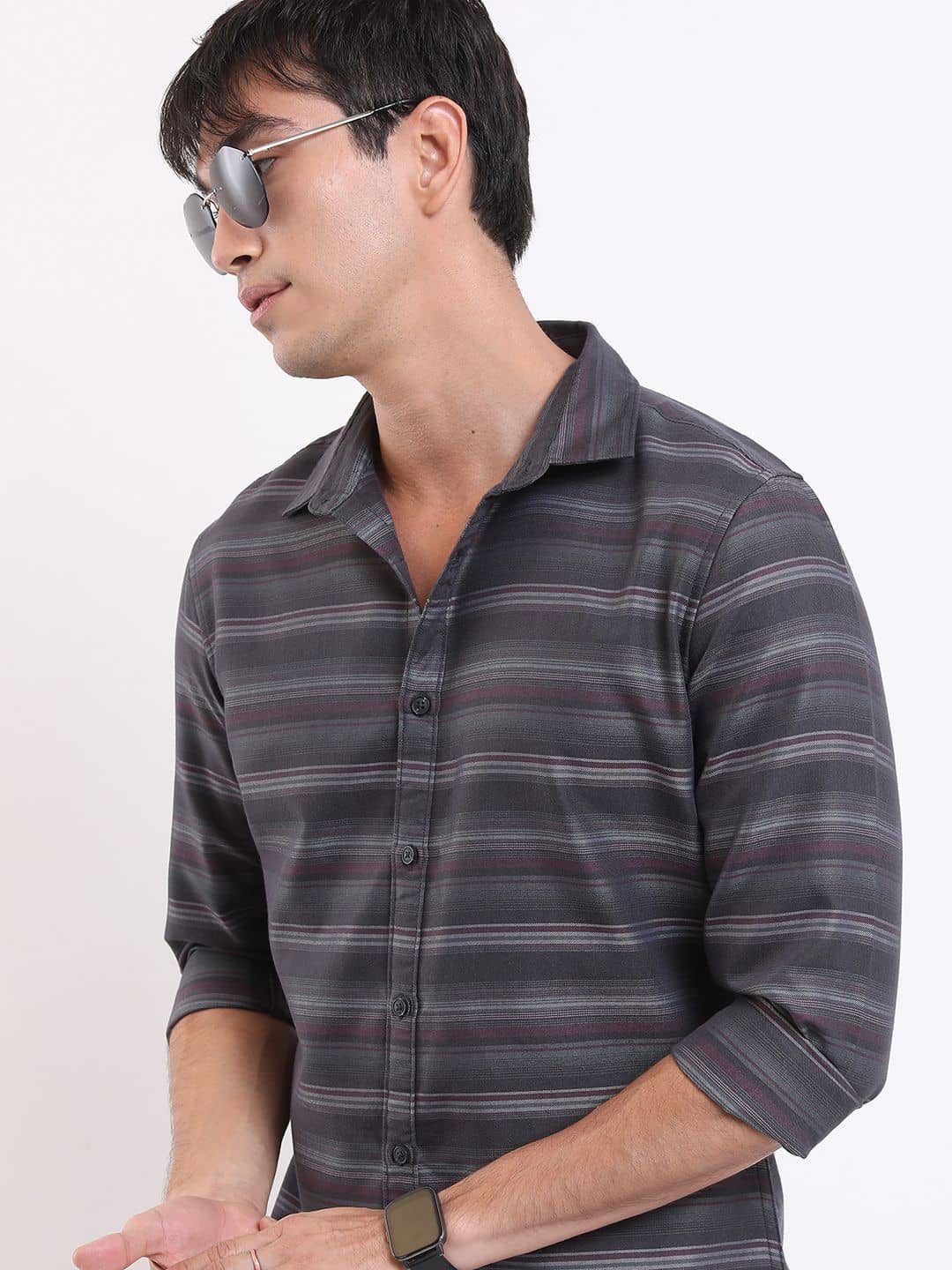 Ketch Polyester Slim Fit Striped Full Sleeves Men's Casual Shirt - Grey ( Pack of 1 )