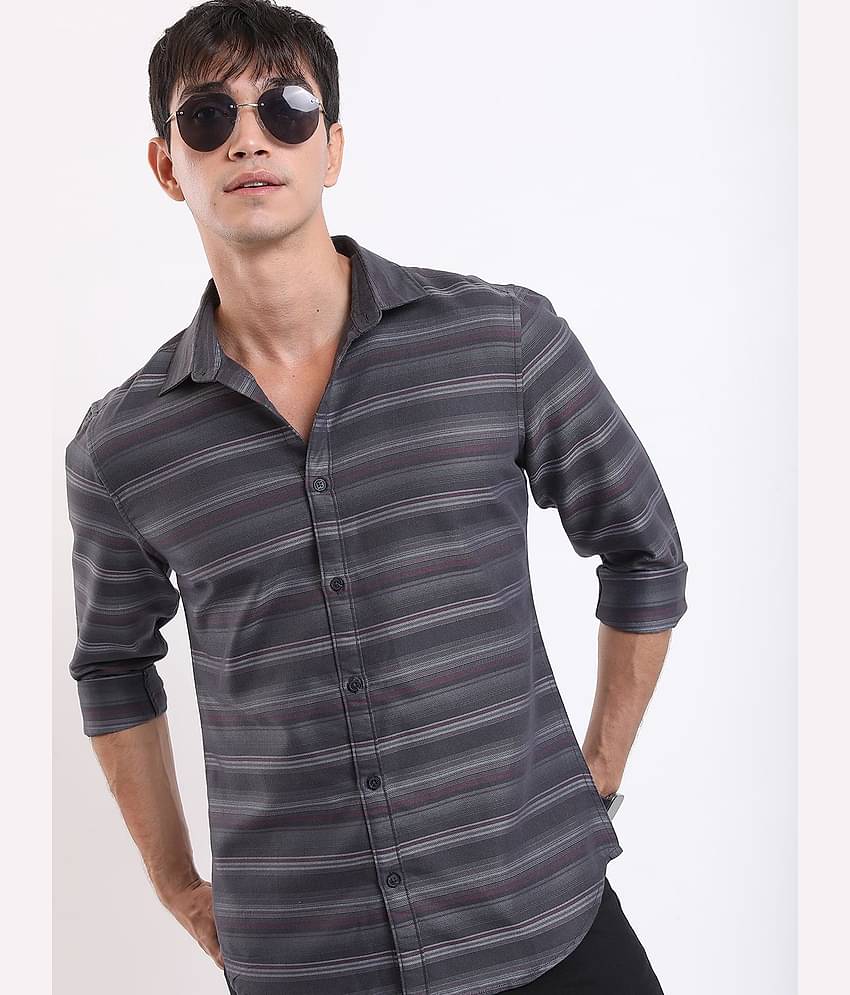 Ketch Polyester Slim Fit Striped Full Sleeves Men's Casual Shirt - Grey ( Pack of 1 )
