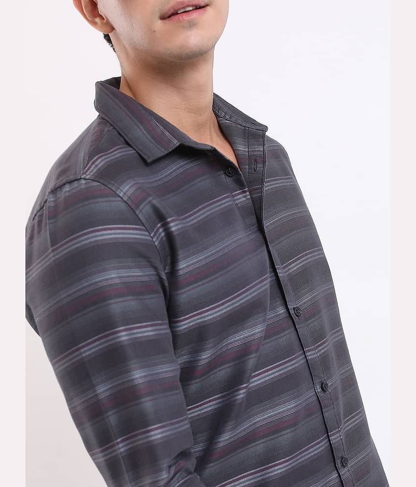 Ketch Polyester Slim Fit Striped Full Sleeves Men's Casual Shirt - Grey ( Pack of 1 )
