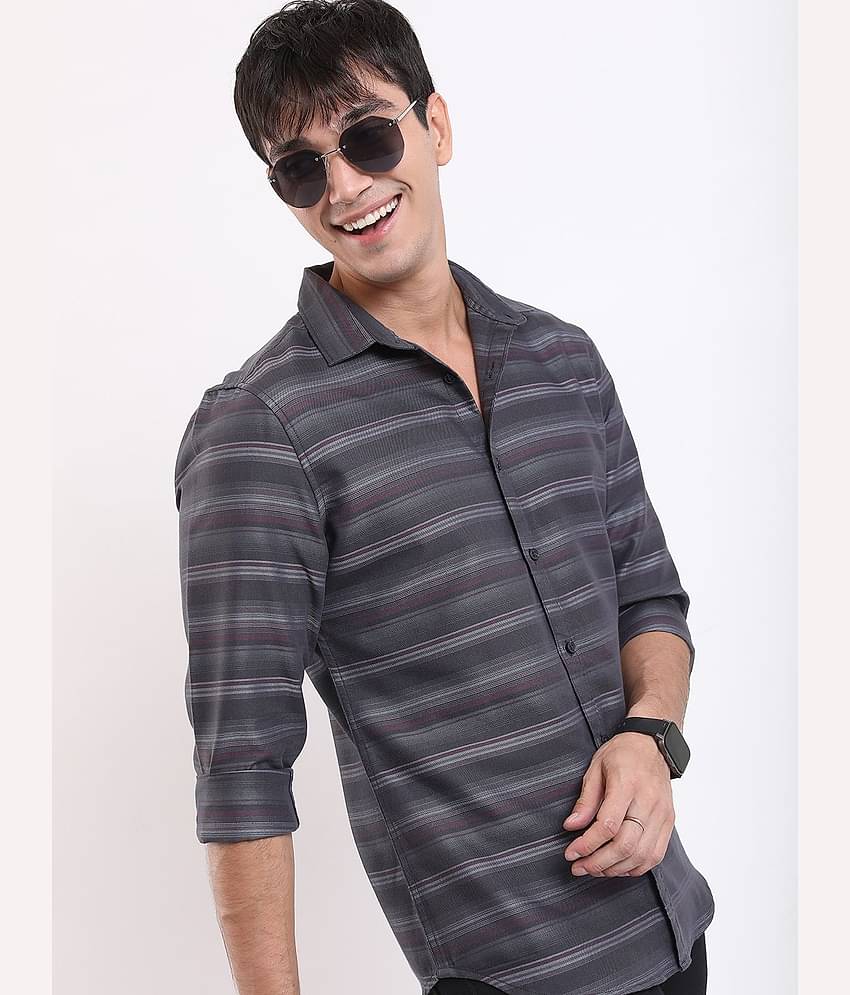Ketch Polyester Slim Fit Striped Full Sleeves Men's Casual Shirt - Grey ( Pack of 1 )
