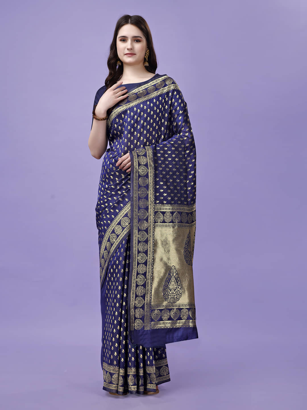 LEELAVATI Banarasi Silk Embellished Saree With Unstitched Blouse Piece ( Navy Blue ) - Sarees | Buy online on ZillyBuy