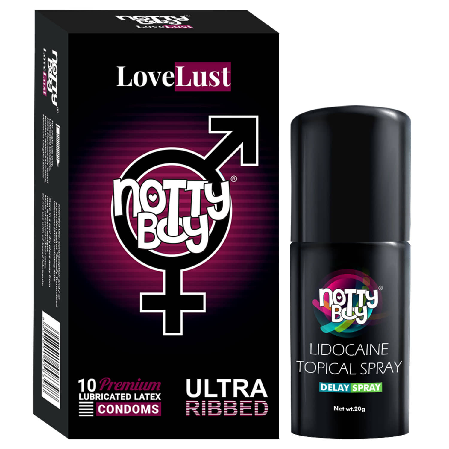 NottyBoy Delay Spray For Men 20g, Ultra Ribbed Condoms - Pack of 1