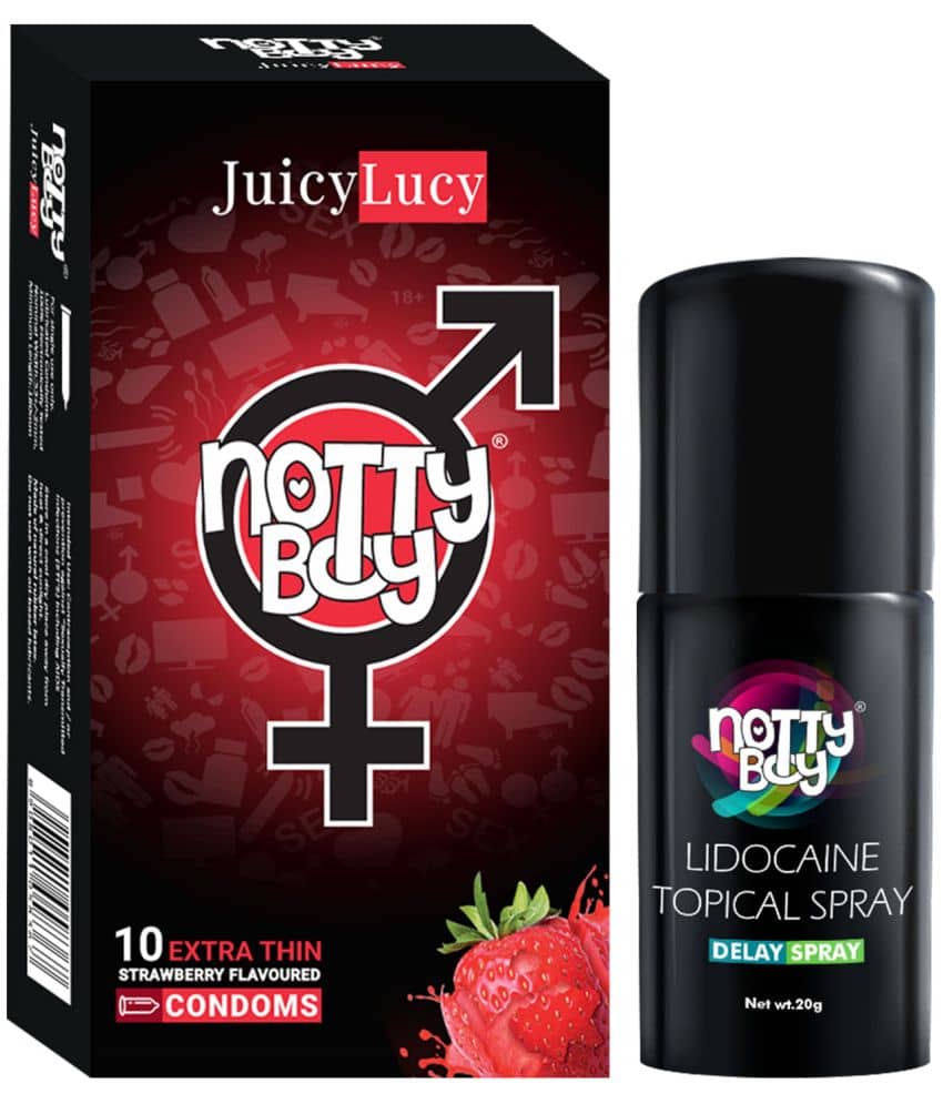 NottyBoy Delay Spray For Men 20g, Strawberry Flavoured Condoms- Pack of 1