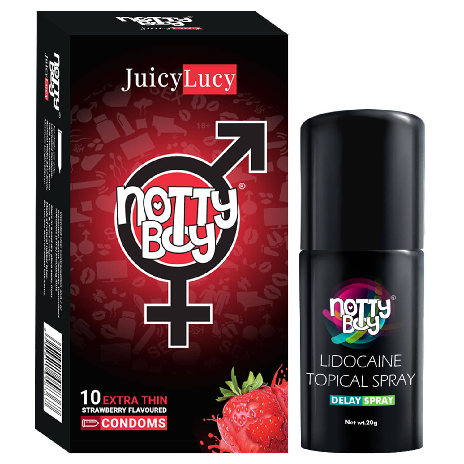 NottyBoy Strawberry Flavoured Condoms Pack of 10 Counts with OverTime Spray 20gm
