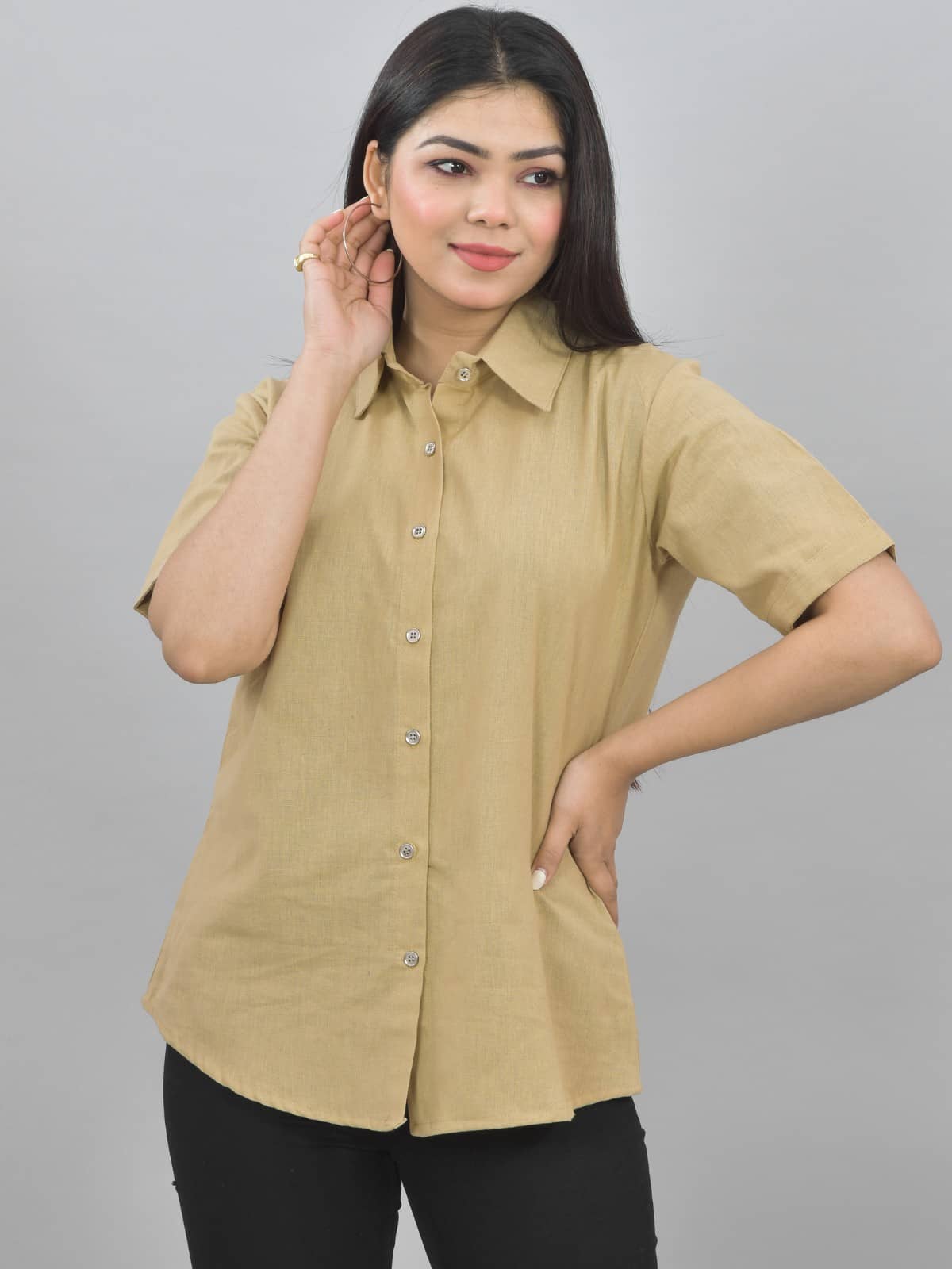 QuaClo Women Solid Cotton Shirt ( Beige )