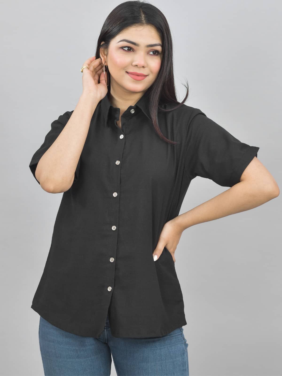QuaClo Women Solid Cotton Shirt ( Black )