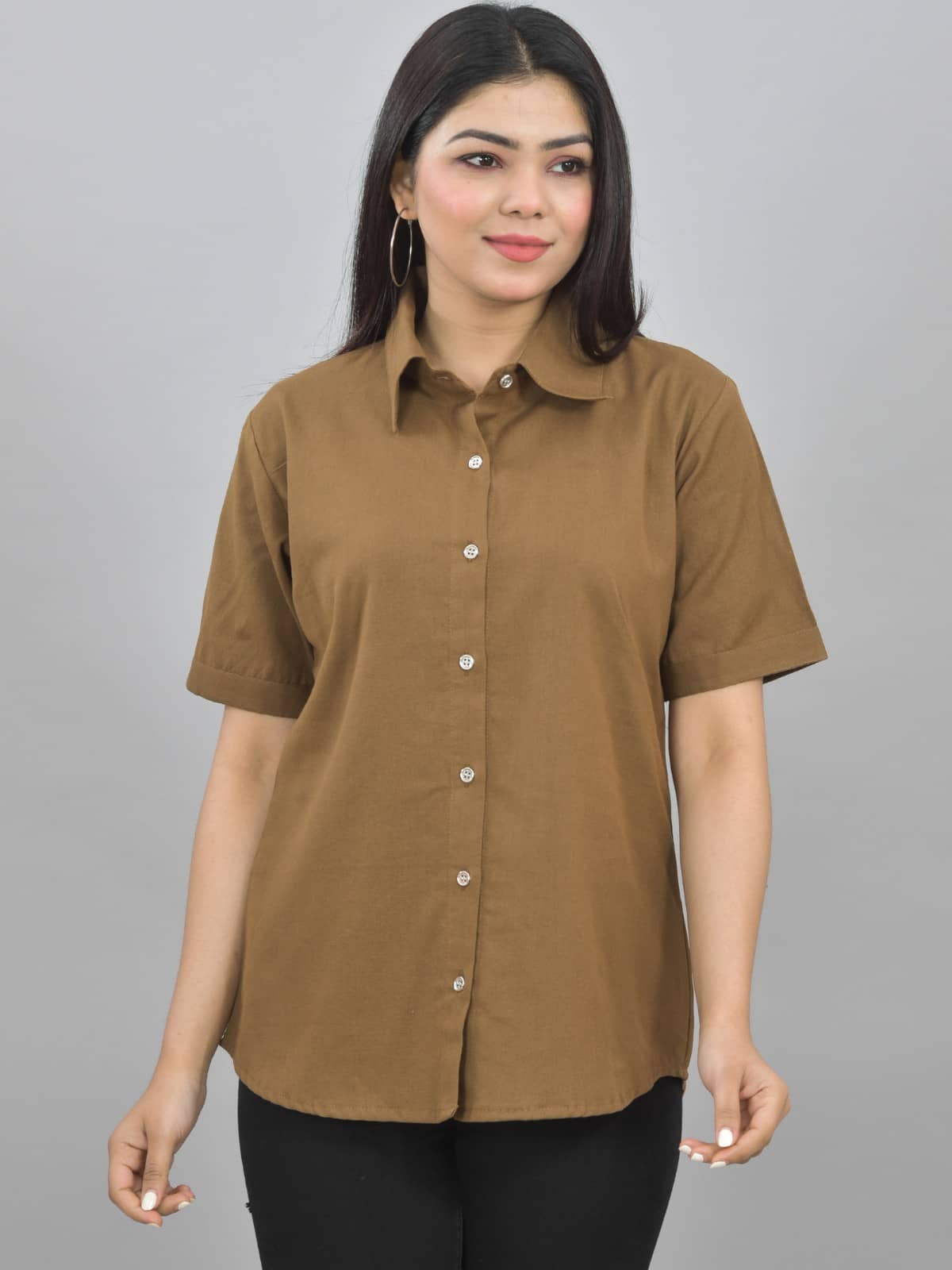 QuaClo Women Solid Cotton Shirt ( Brown )