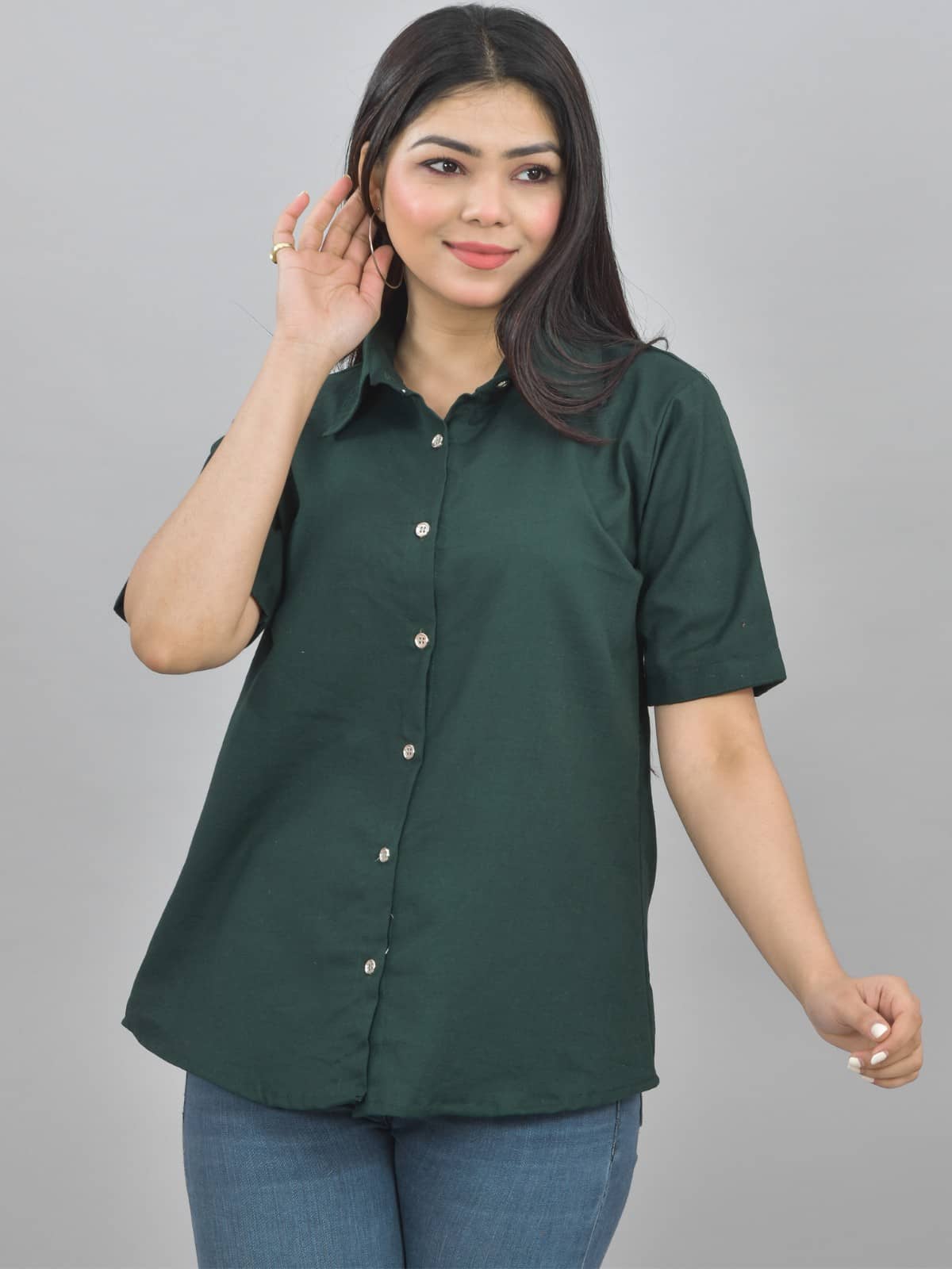 QuaClo Women Solid Cotton Shirt ( Green )