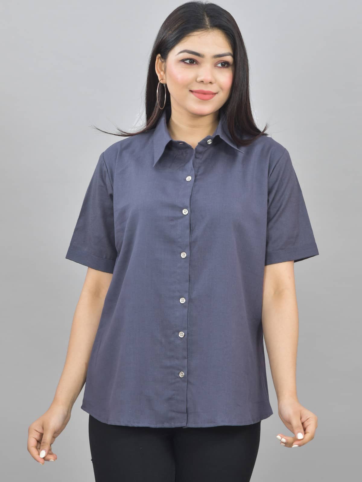 QuaClo Women Solid Cotton Shirt ( Grey )