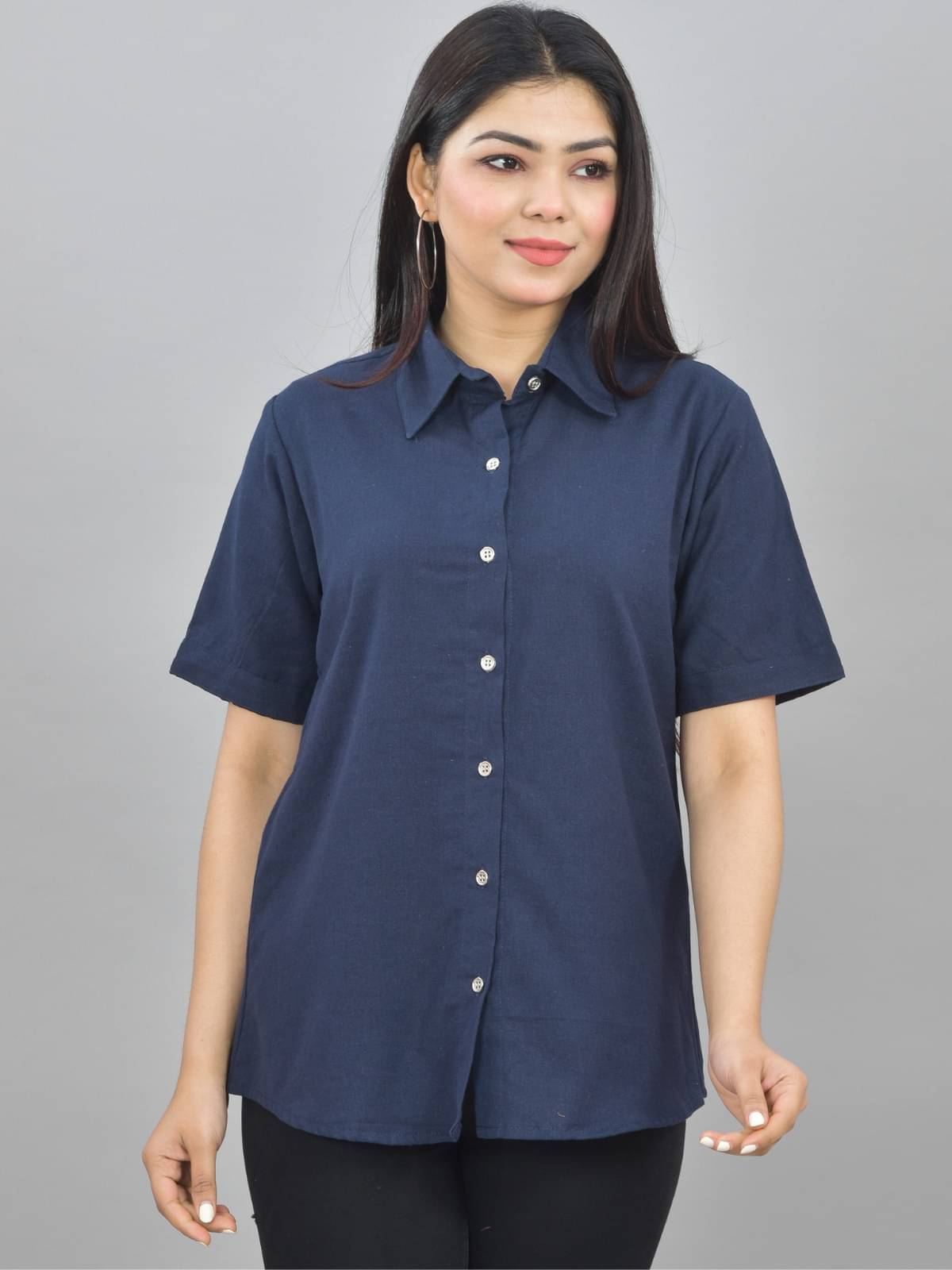 QuaClo Women Solid Cotton Shirt ( Navy Blue ) QuaClo Women Solid Cotton Shirt ( Navy Blue )