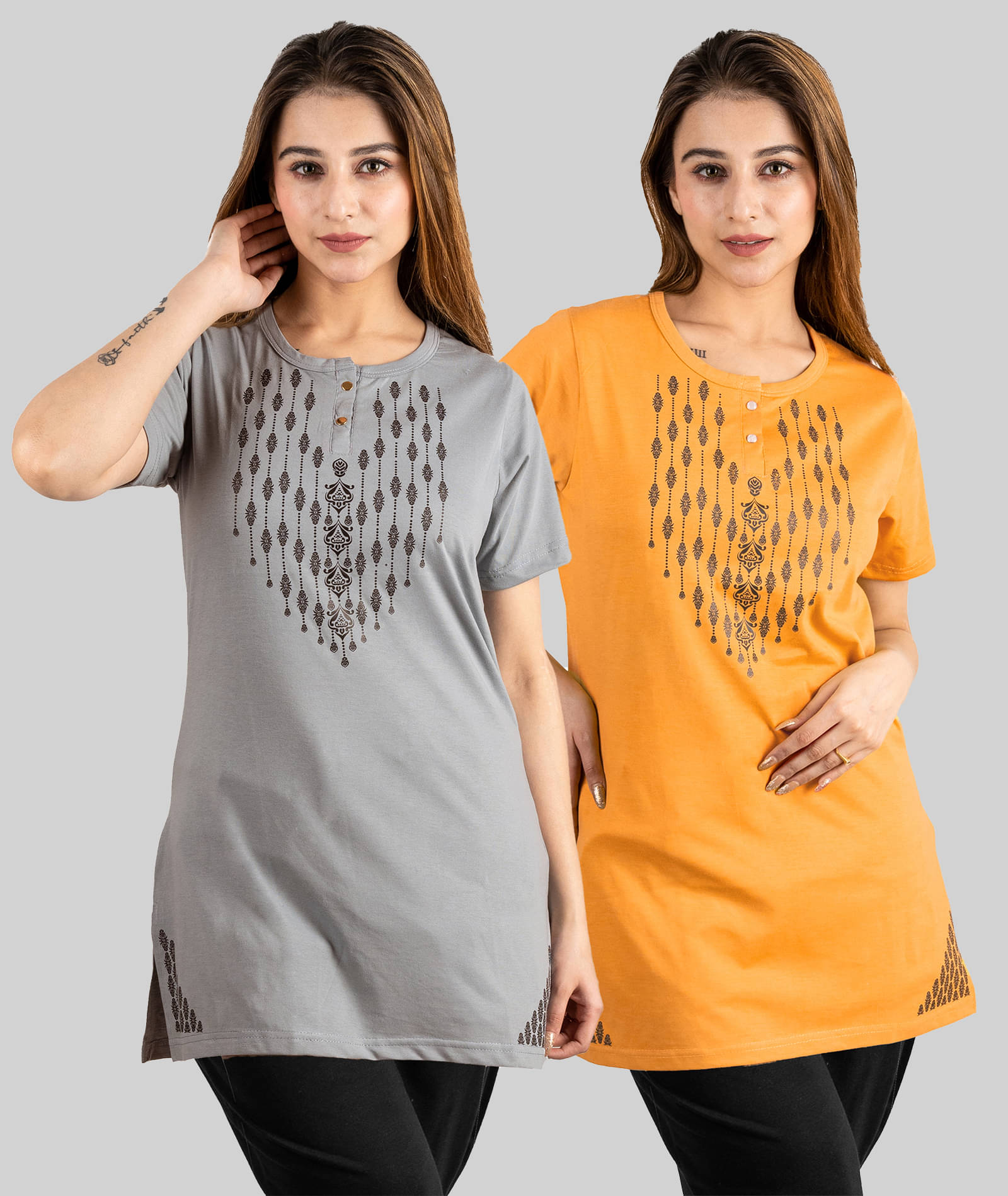     			URBE Women Cotton Blend Printed Regular Fit Henley Neck T-Shirt ( Grey Melange )