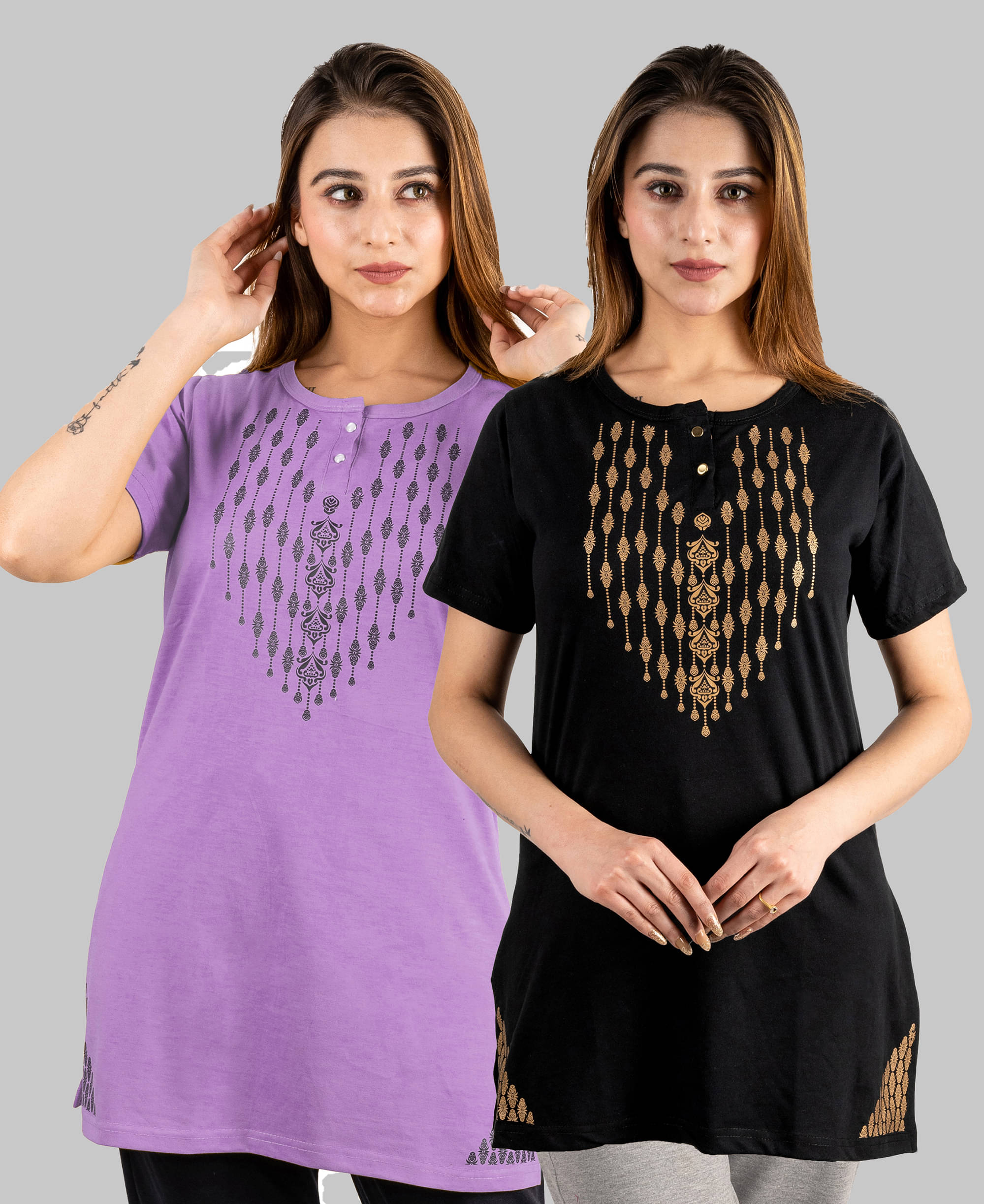 URBE Women Cotton Blend Printed Regular Fit Henley Neck T-Shirt ( Multicolor )     			URBE Women Cotton Blend Printed Regular Fit Henley Neck T-Shirt ( Multicolor )