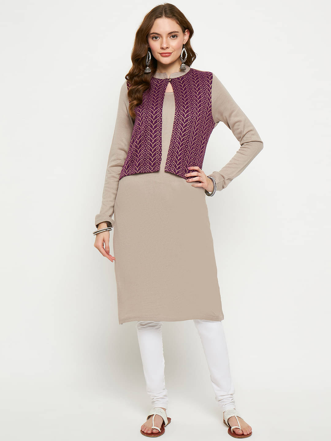     			VIAZAA Woollen Self Design Jacket Style Women's Kurti - Beige ( Pack of 1 )