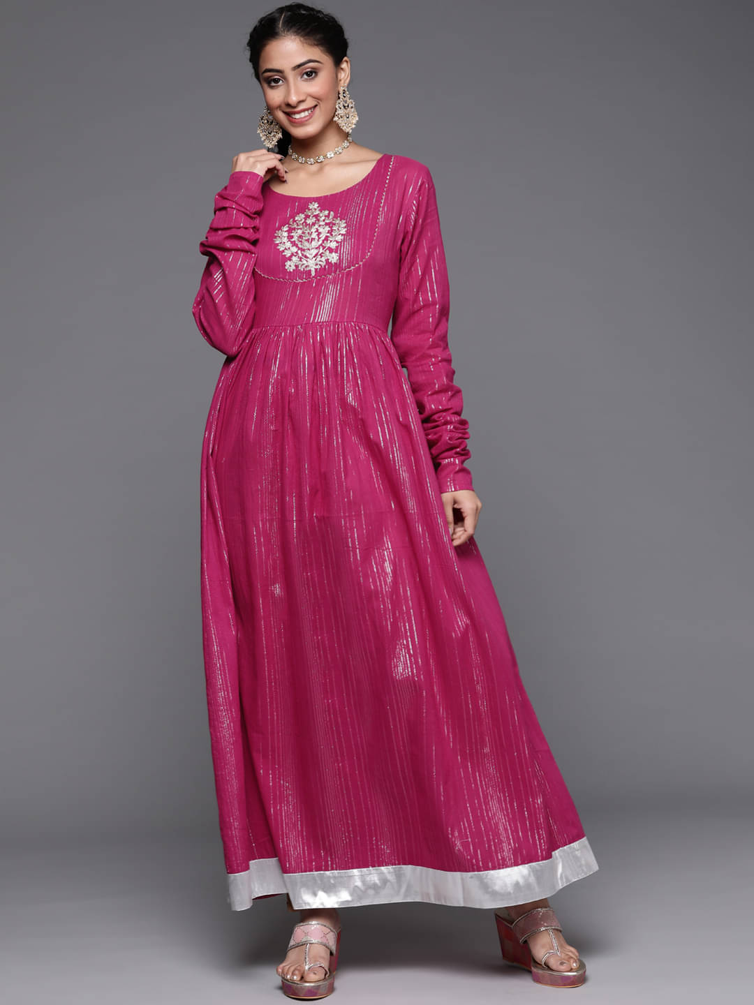 Varanga Women Cotton Embroidered Ethnic Dress ( Pink ) Varanga Women Cotton Embroidered Ethnic Dress ( Pink )
