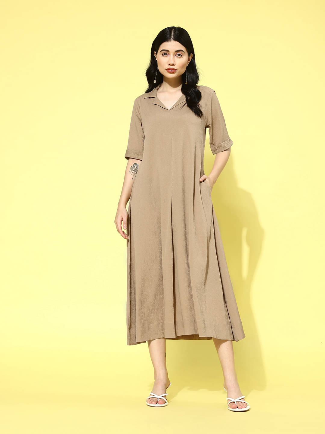 Varanga Crepe Solid Midi Women's A-line Dress - Beige ( Pack of 1 ) Varanga Crepe Solid Midi Women's A-line Dress - Beige ( Pack of 1 )