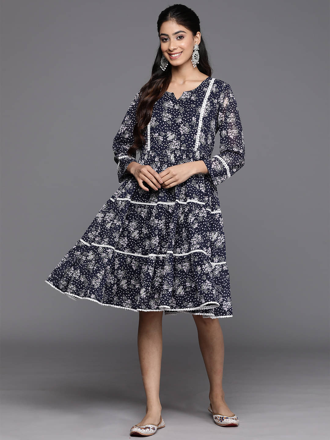     			Varanga Georgette Printed Knee Length Women's A-line Dress - Navy Blue ( Pack of 1 )