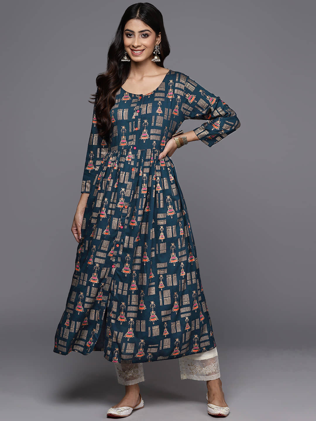 Varanga Viscose Printed Midi Women's Fit & Flare Dress - Navy Blue ( Pack of 1 )
