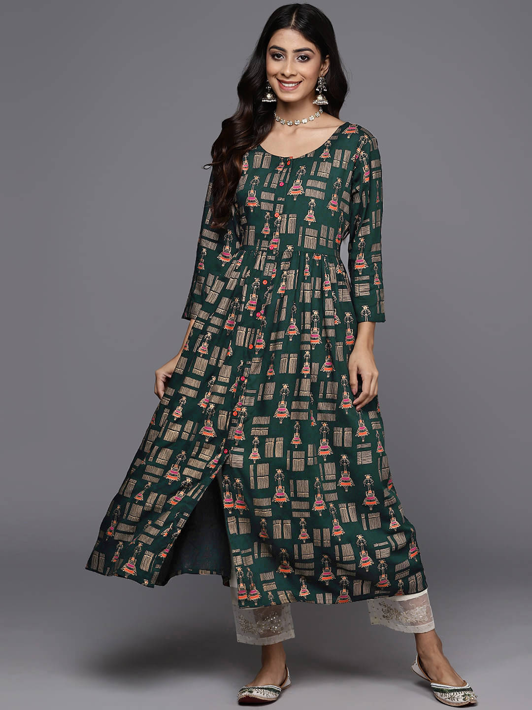Varanga Viscose Printed Midi Women's Fit & Flare Dress - Green ( Pack of 1 ) Varanga Viscose Printed Midi Women's Fit & Flare Dress - Green ( Pack of 1 )