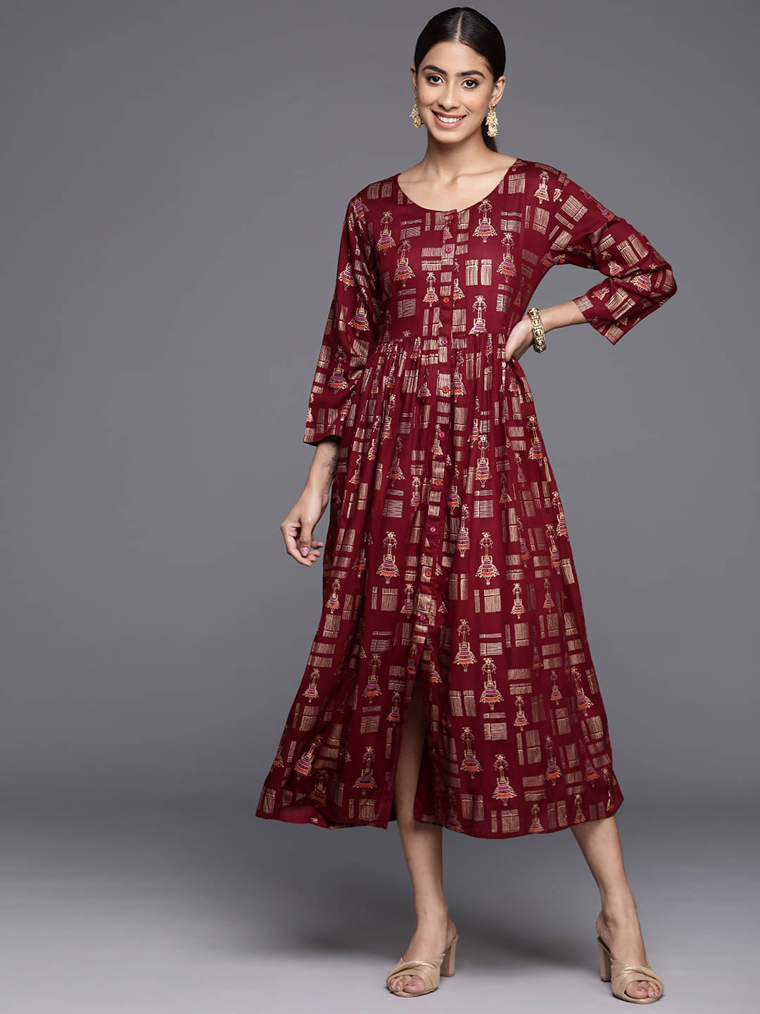 Varanga Viscose Printed Midi Women's A-line Dress - Maroon ( Pack of 1 ) Varanga Viscose Printed Midi Women's A-line Dress - Maroon ( Pack of 1 )