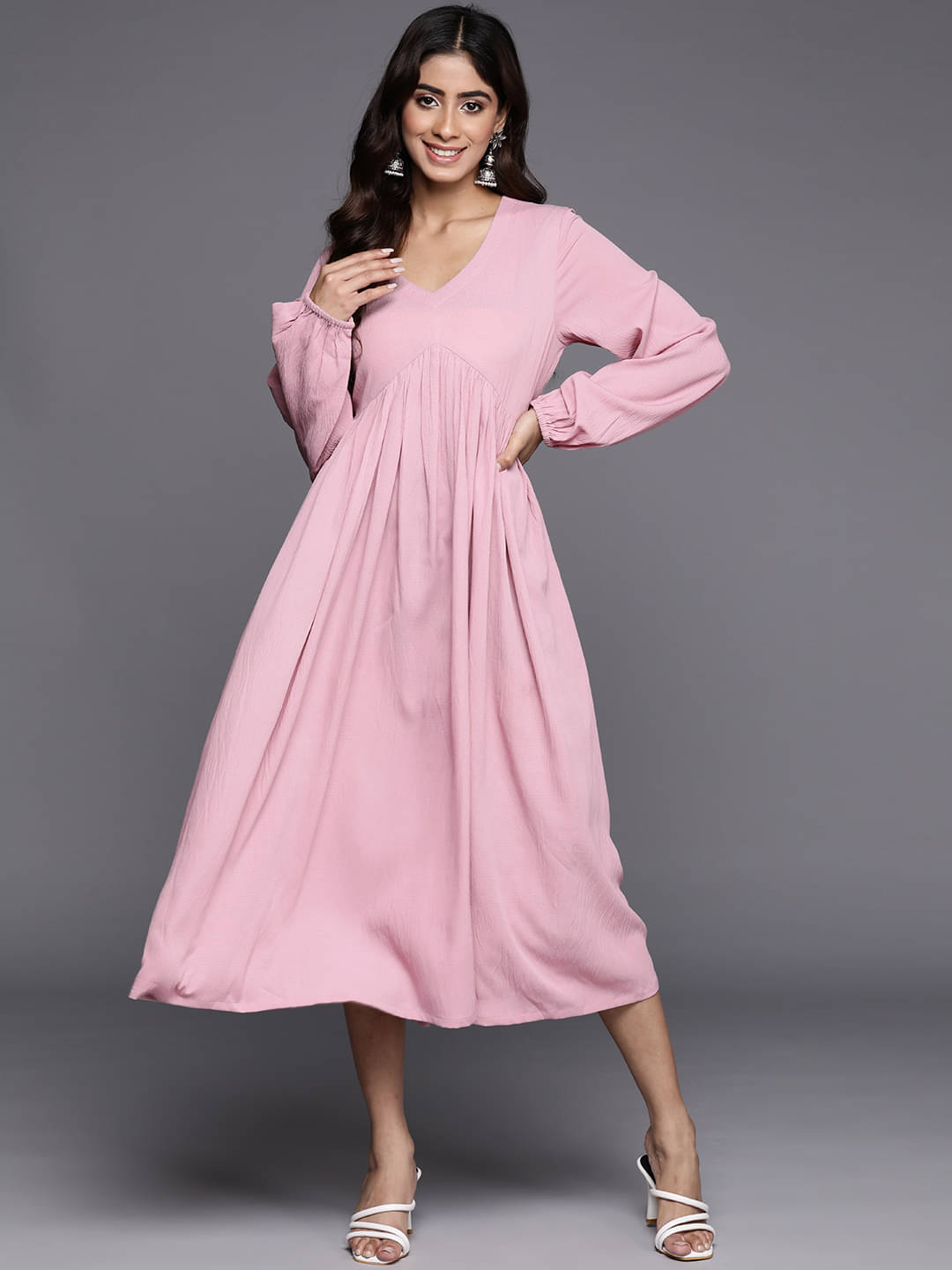 Varanga Viscose Solid Midi Women's A-line Dress - Pink ( Pack of 1 ) Varanga Viscose Solid Midi Women's A-line Dress - Pink ( Pack of 1 )