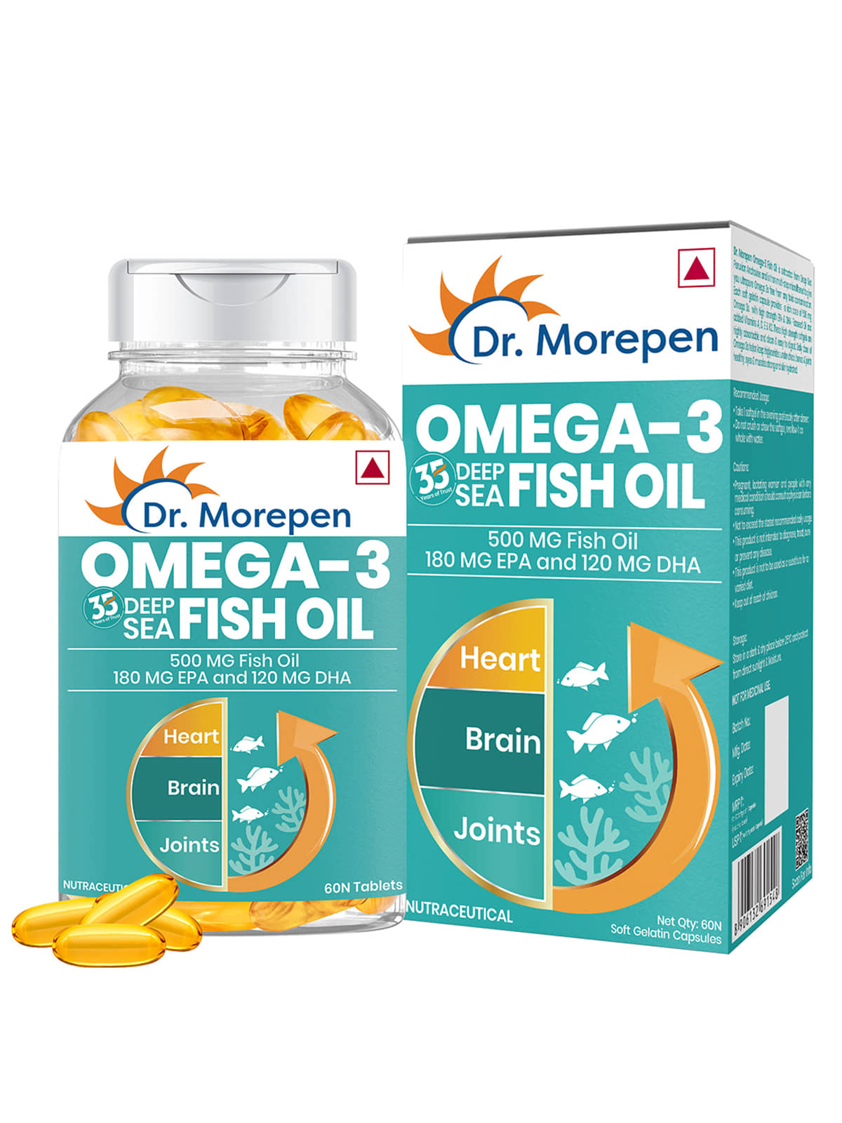 Dr. Morepen Omega-3 Deep Sea Fish Oil | 500mg Capsules with Vitamin A & E| No Fishy Burps (60 Capsules)