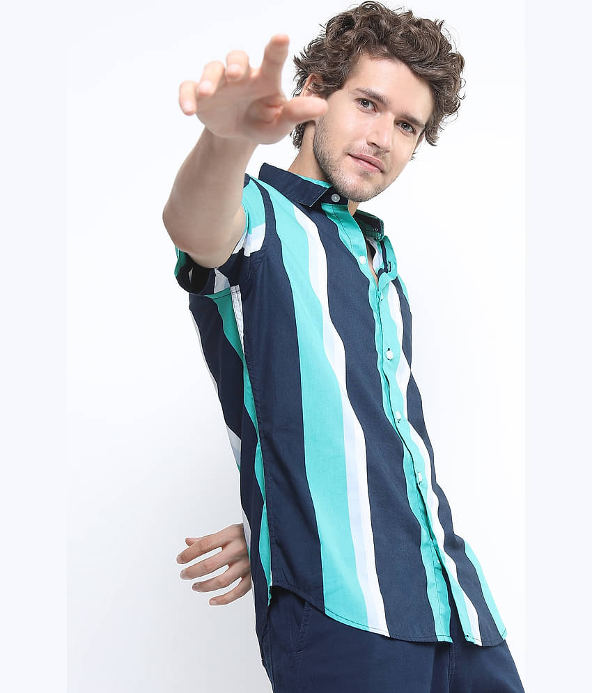 Ketch 100% Cotton Slim Fit Striped Half Sleeves Men's Casual Shirt - Navy Blue ( Pack of 1 )