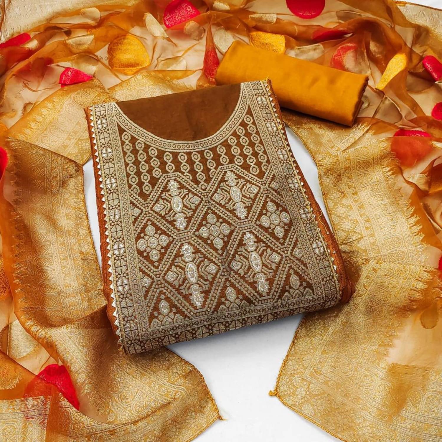     			pandadi saree Unstitched Chanderi Printed Dress Material - Mustard ( Pack of 1 )