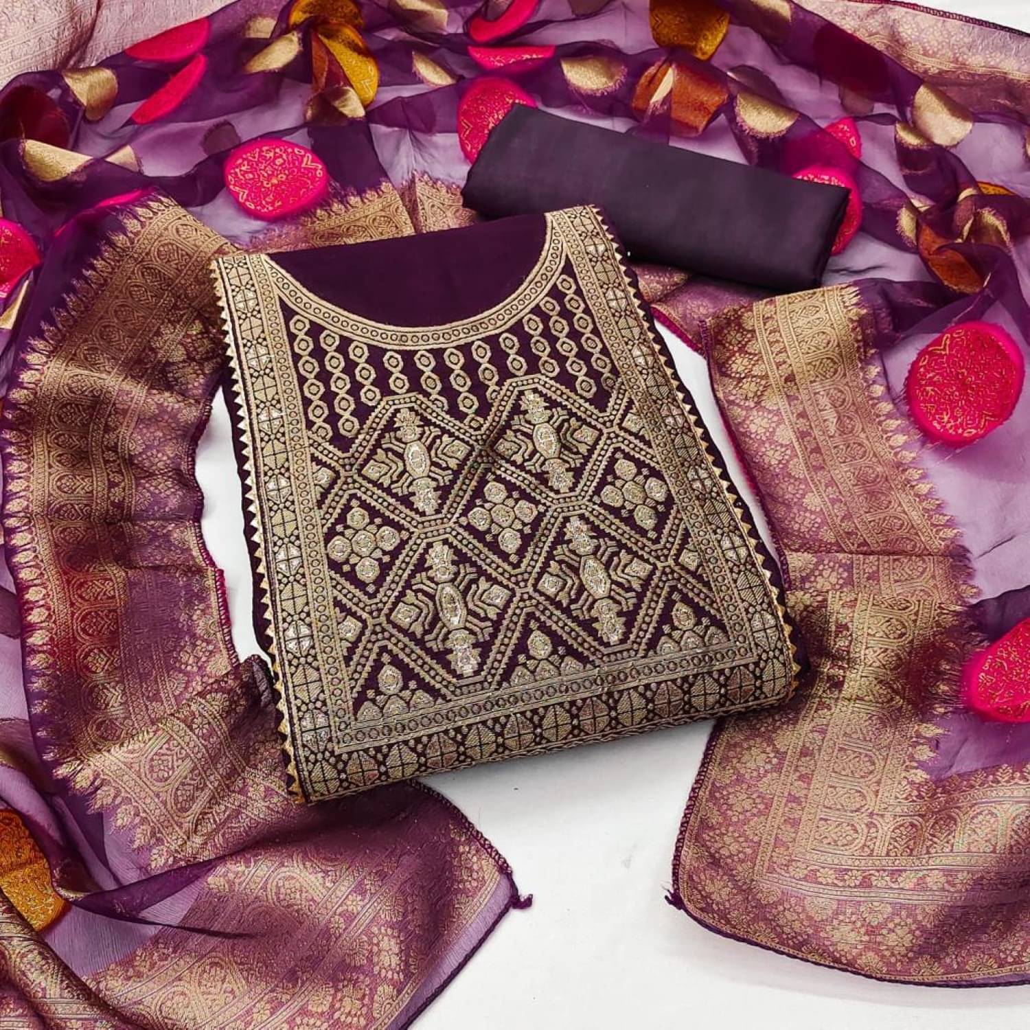     			pandadi saree Unstitched Chanderi Printed Dress Material - Purple ( Pack of 1 )