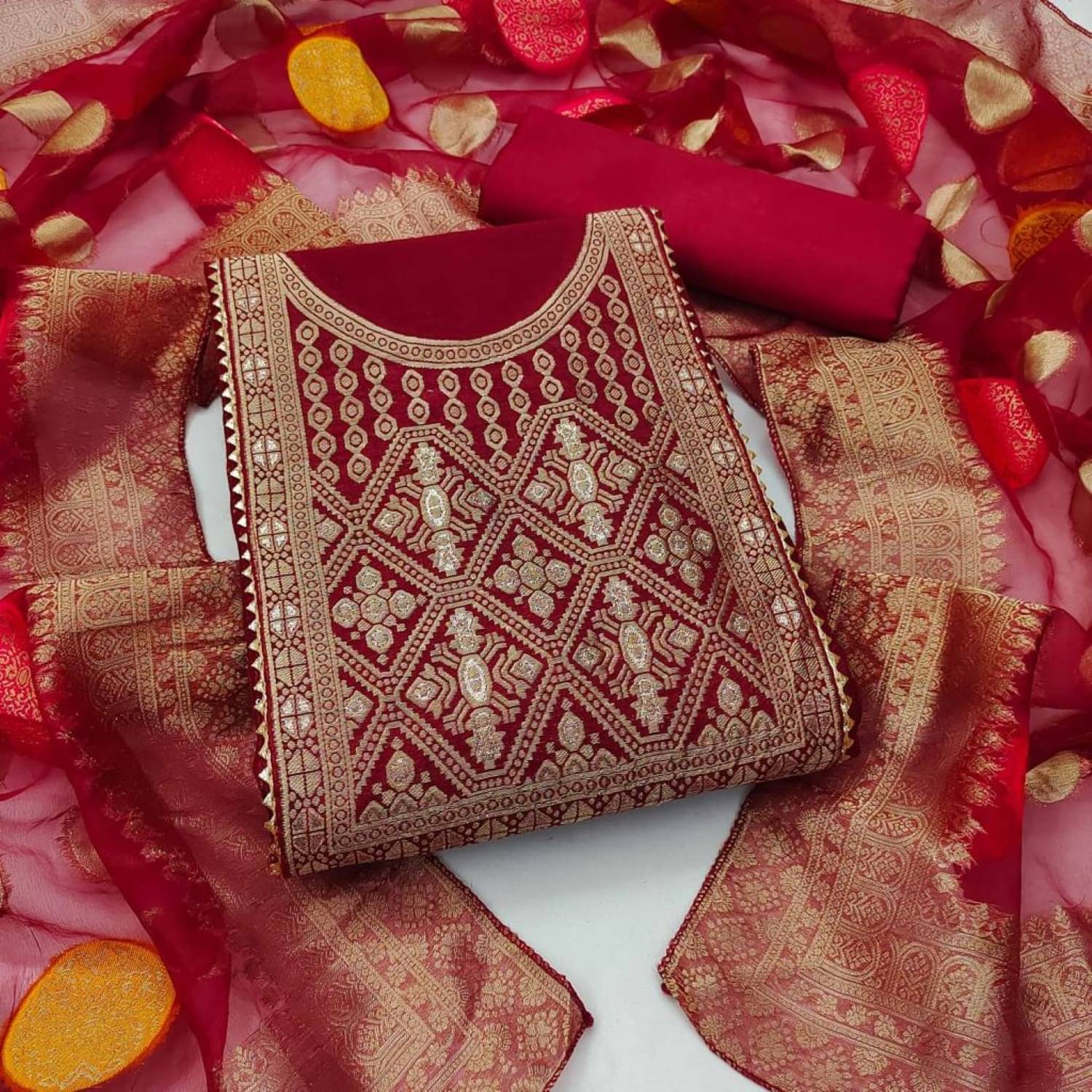     			pandadi saree Unstitched Chanderi Printed Dress Material - Red ( Pack of 1 )