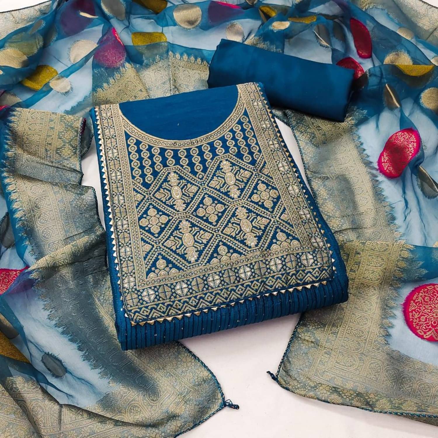     			pandadi saree Unstitched Chanderi Printed Dress Material - Blue ( Pack of 1 )