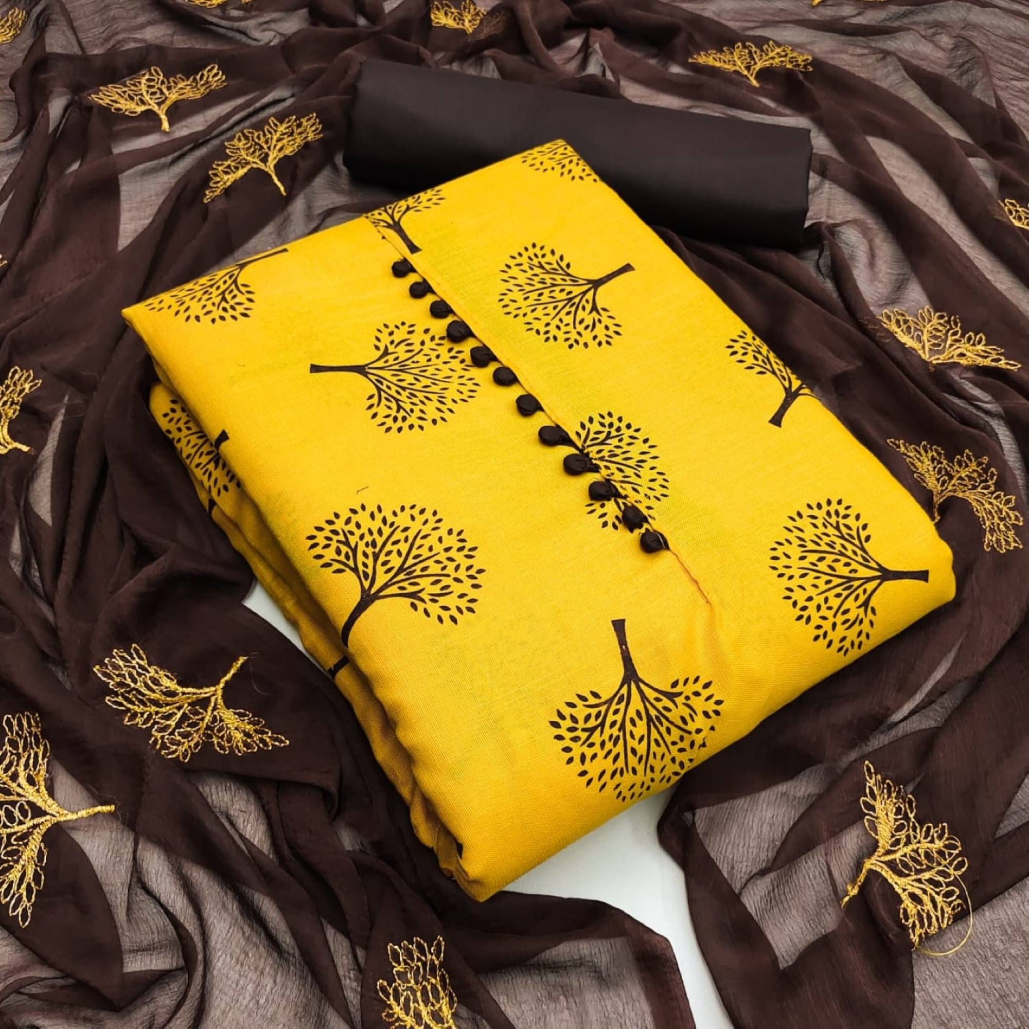    			pandadi saree Unstitched Cotton Printed Dress Material - Yellow ( Pack of 1 )