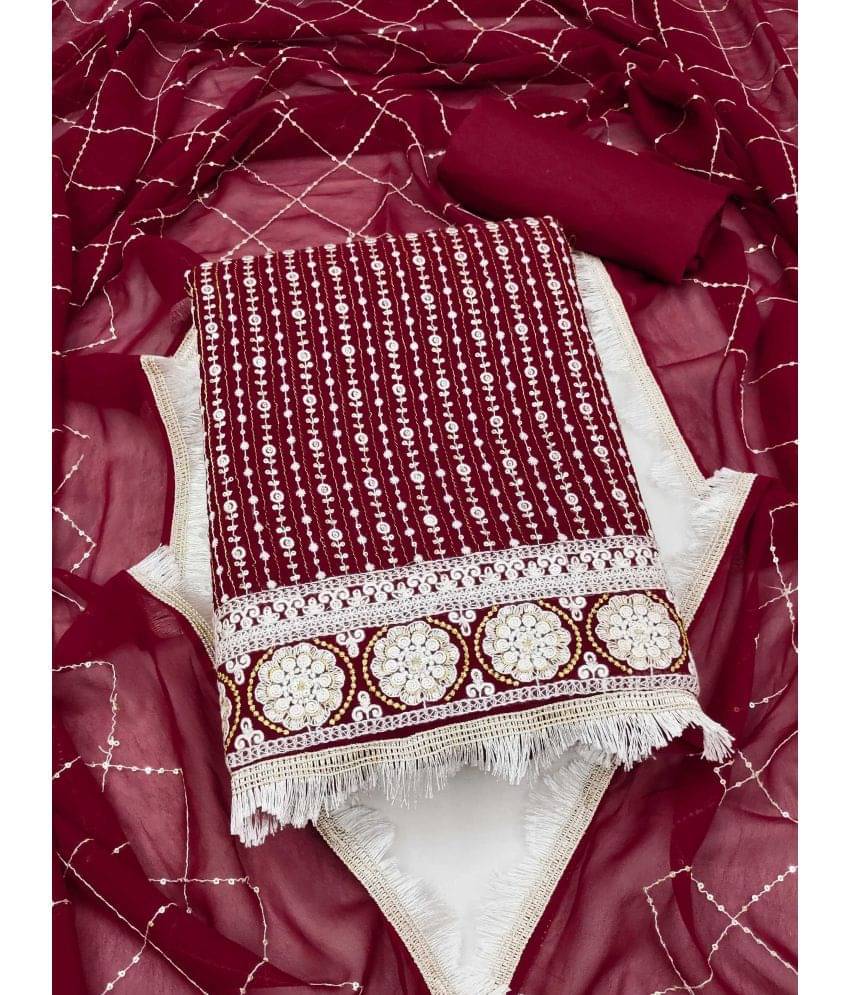 pandadi saree Unstitched Georgette Embroidered Dress Material - Maroon ( Pack of 1 ) pandadi saree Unstitched Georgette Embroidered Dress Material - Maroon ( Pack of 1 )
