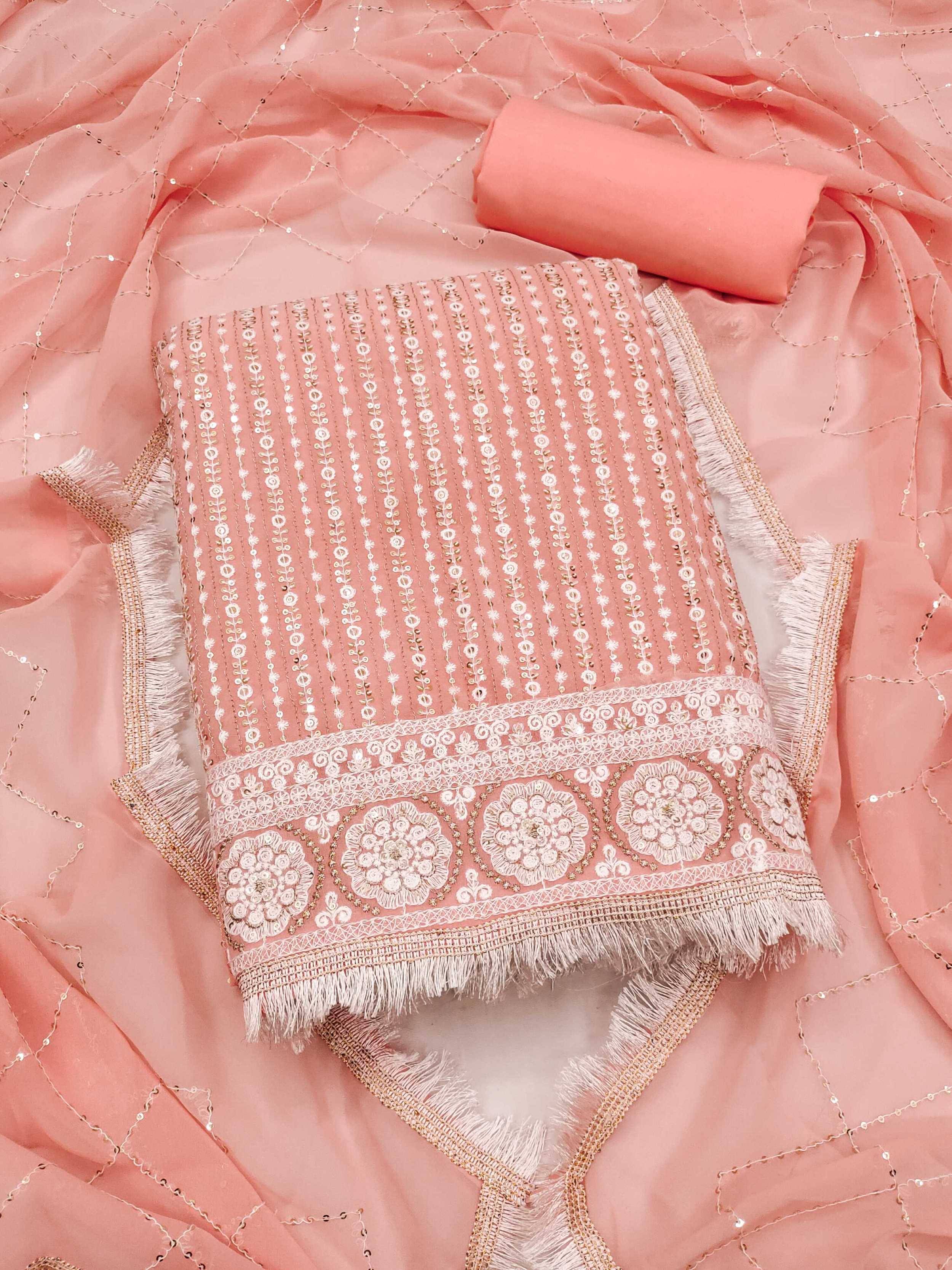     			pandadi saree Unstitched Georgette Embroidered Dress Material - Peach ( Pack of 1 )