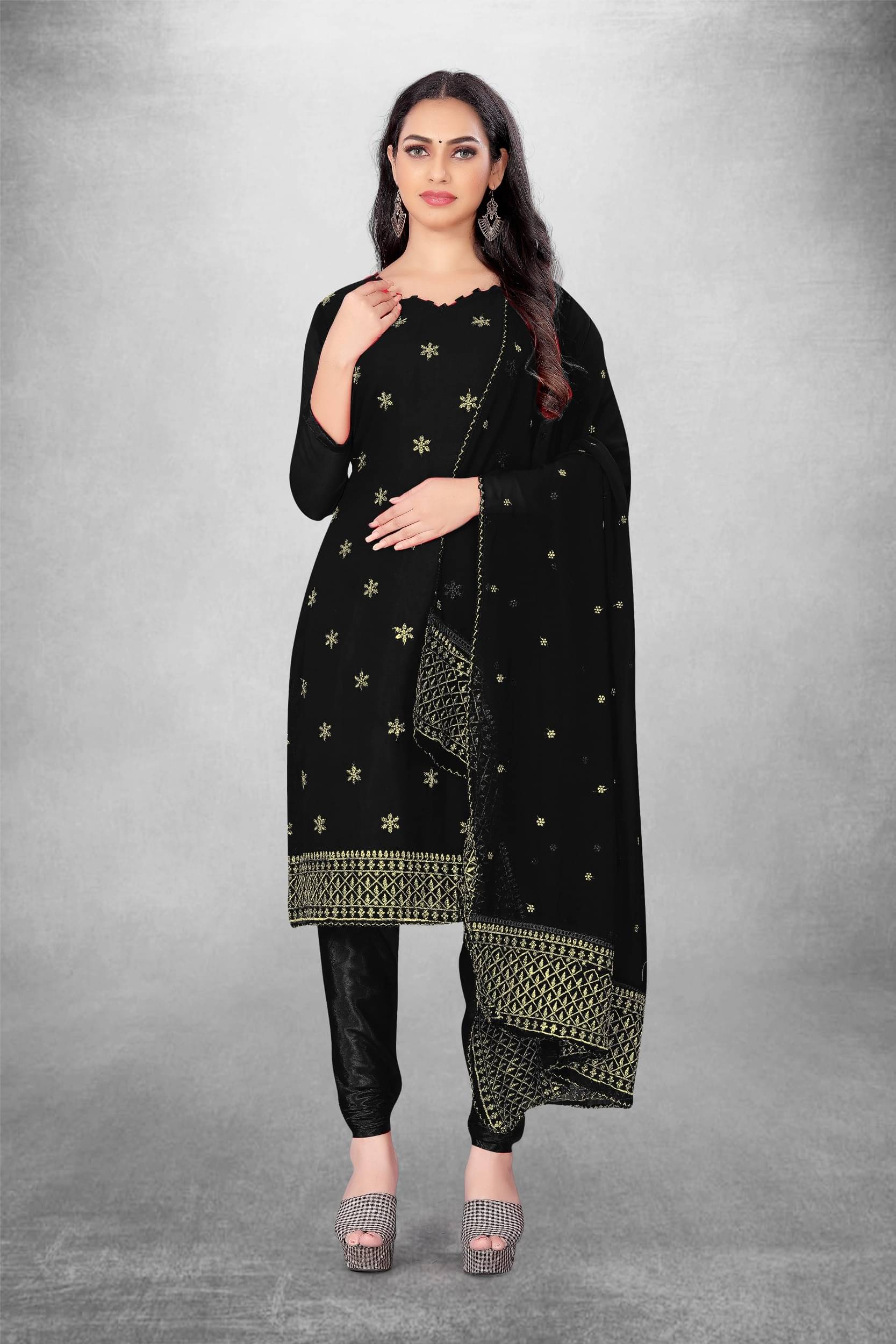 pandadi saree Unstitched Georgette Embroidered Dress Material - Black ( Pack of 1 )     			pandadi saree Unstitched Georgette Embroidered Dress Material - Black ( Pack of 1 )