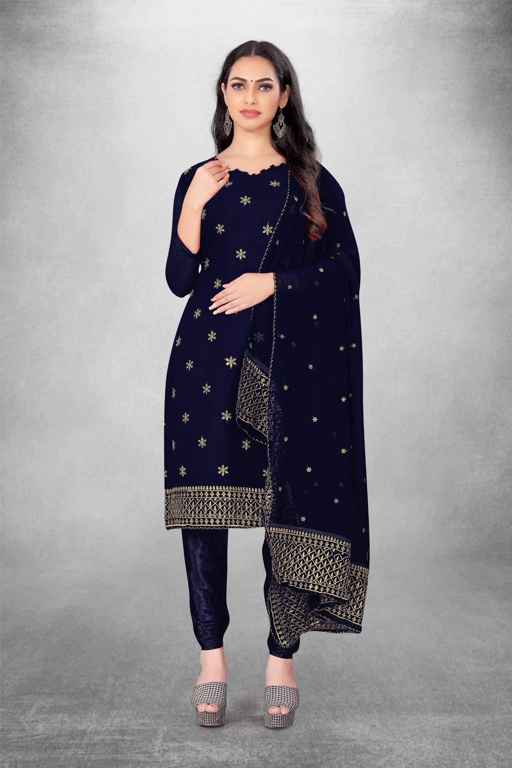     			pandadi saree Unstitched Georgette Embroidered Dress Material - Navy Blue ( Pack of 1 )