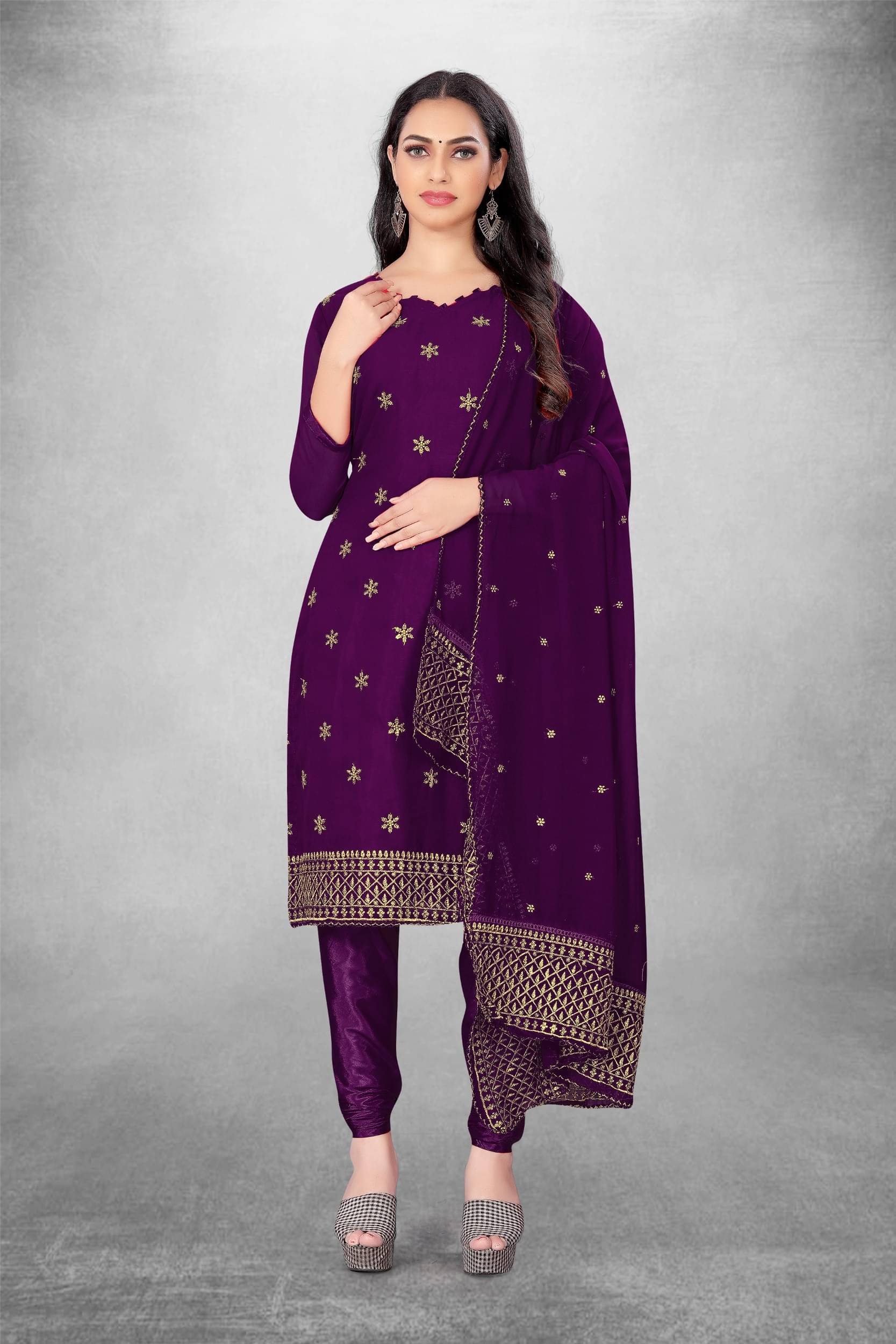 pandadi saree Unstitched Georgette Embroidered Dress Material - Purple ( Pack of 1 ) pandadi saree Unstitched Georgette Embroidered Dress Material - Purple ( Pack of 1 )