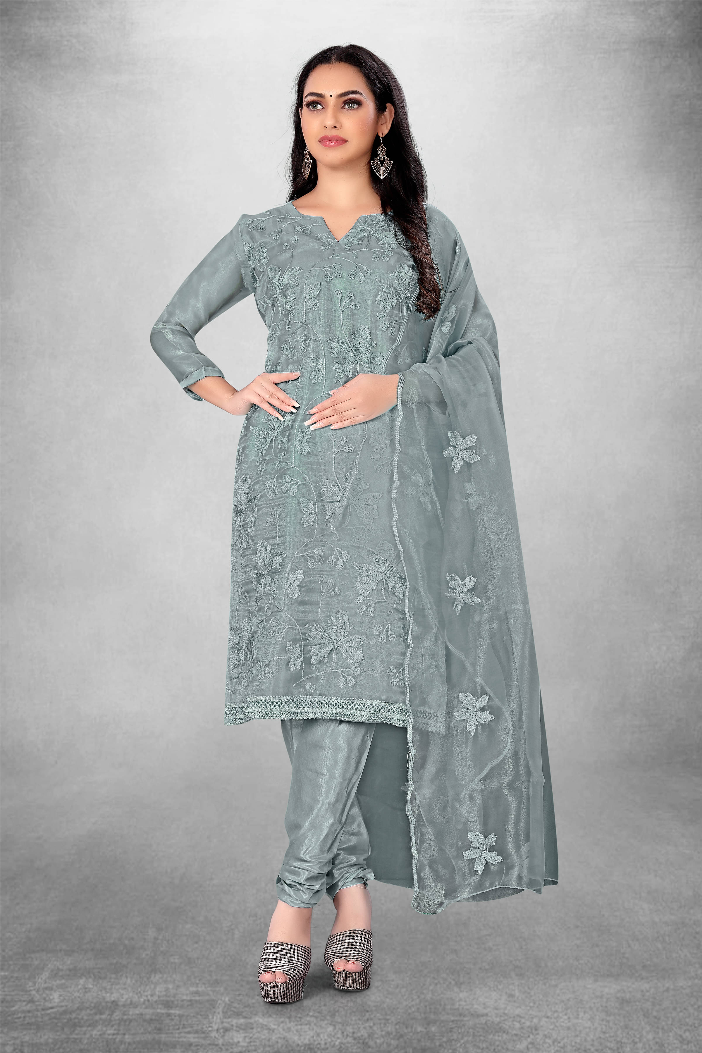     			pandadi saree Unstitched Organza Printed Dress Material - Dark Grey ( Pack of 1 )