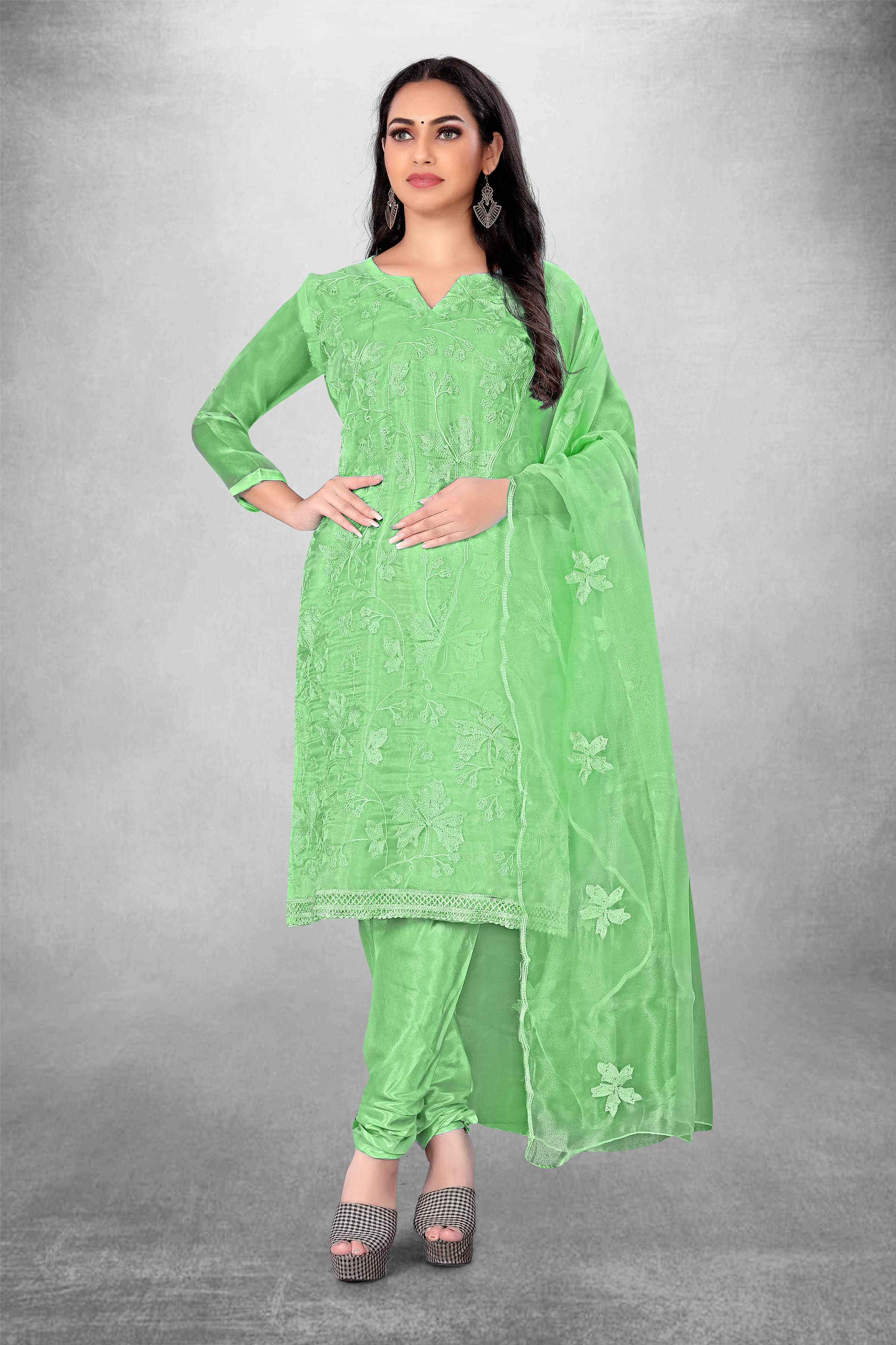 pandadi saree Unstitched Organza Printed Dress Material - Green ( Pack of 1 ) pandadi saree Unstitched Organza Printed Dress Material - Green ( Pack of 1 )