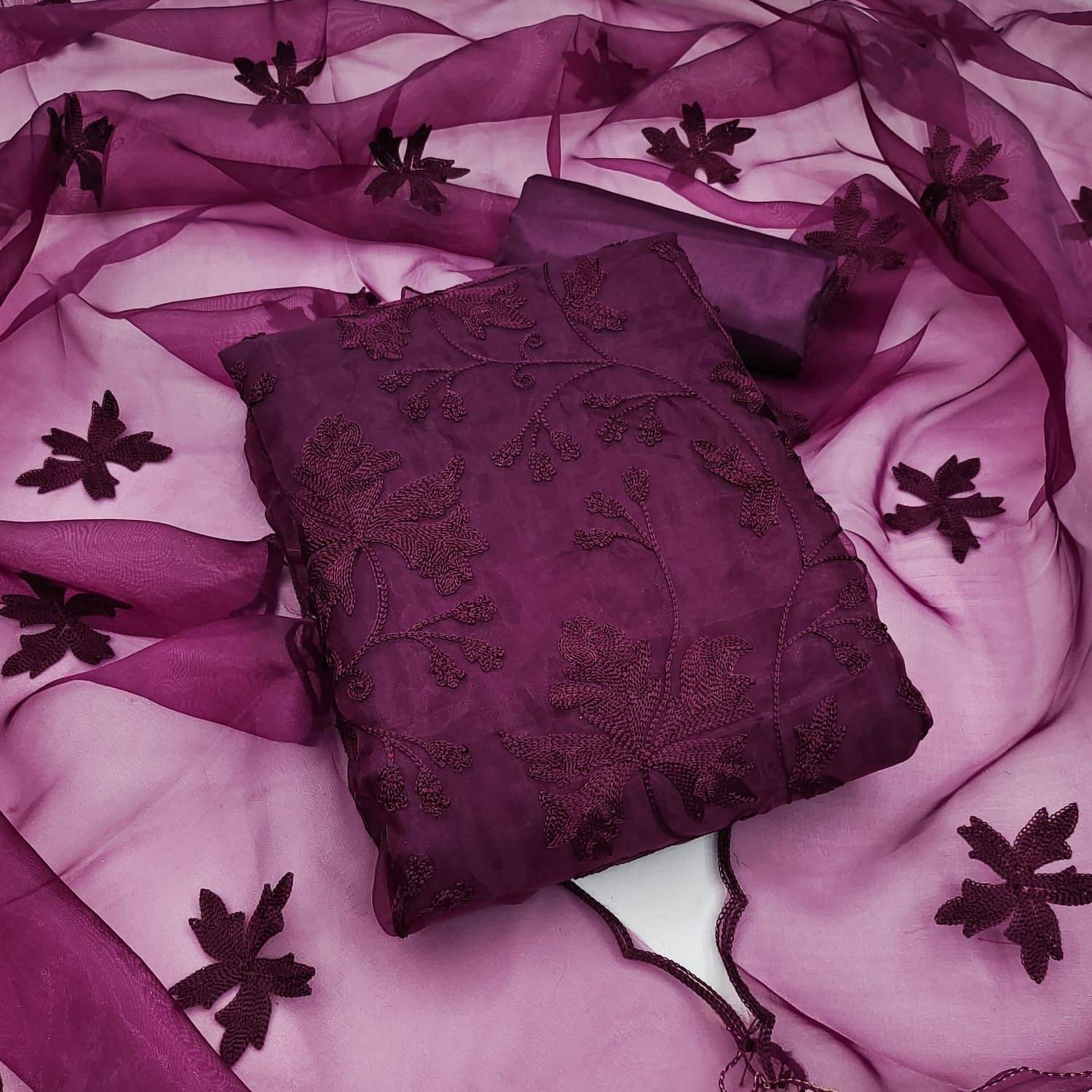 pandadi saree Unstitched Organza Printed Dress Material - Purple ( Pack of 1 ) pandadi saree Unstitched Organza Printed Dress Material - Purple ( Pack of 1 )
