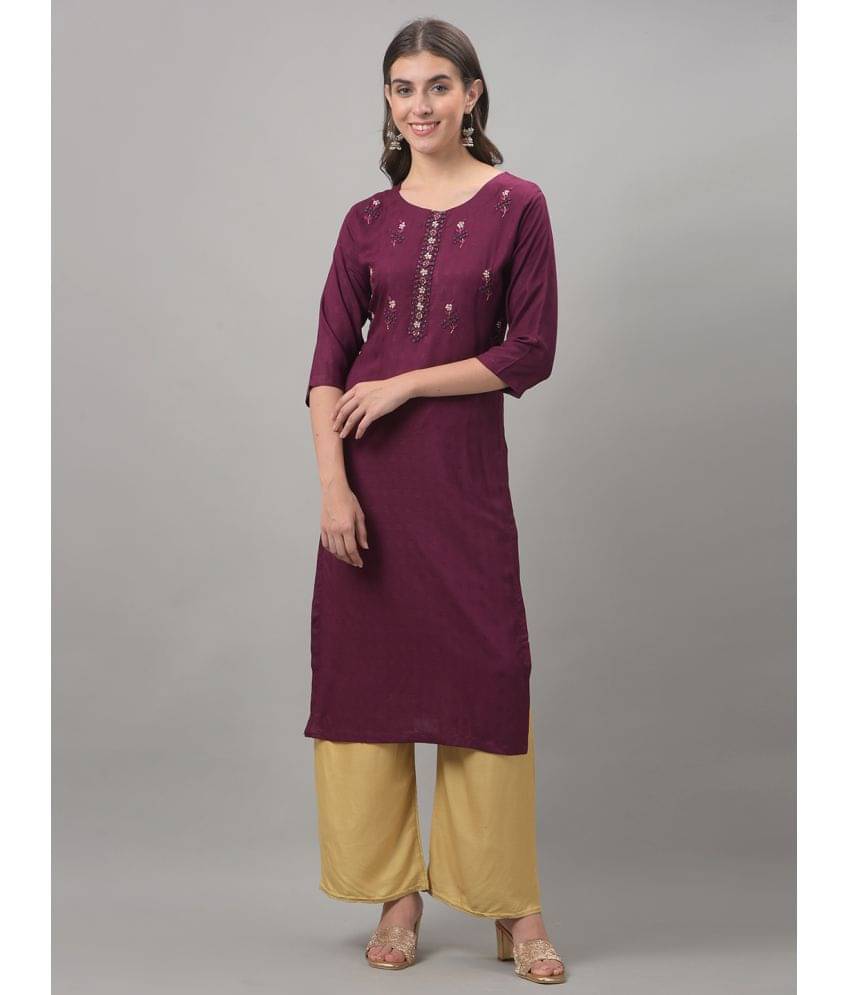     			Dollar Missy Cotton Blend Embroidered Straight Women's Kurti - Purple ( Pack of 1 )