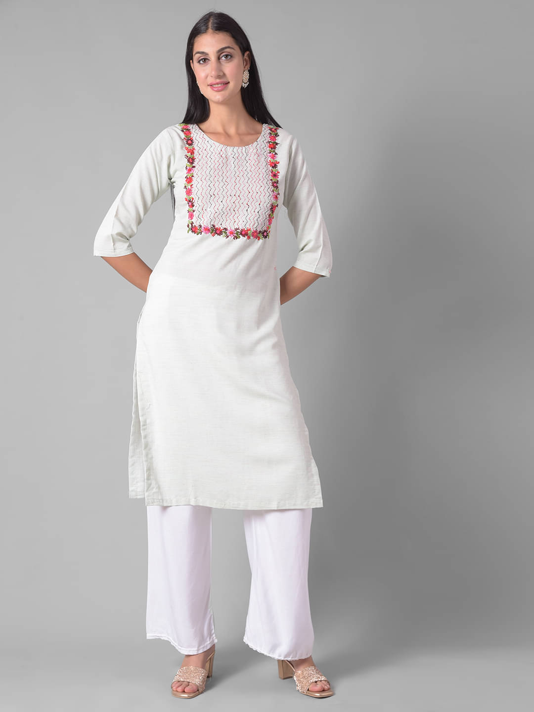     			Dollar Missy Cotton Blend Embroidered Straight Women's Kurti - Green ( Pack of 1 )