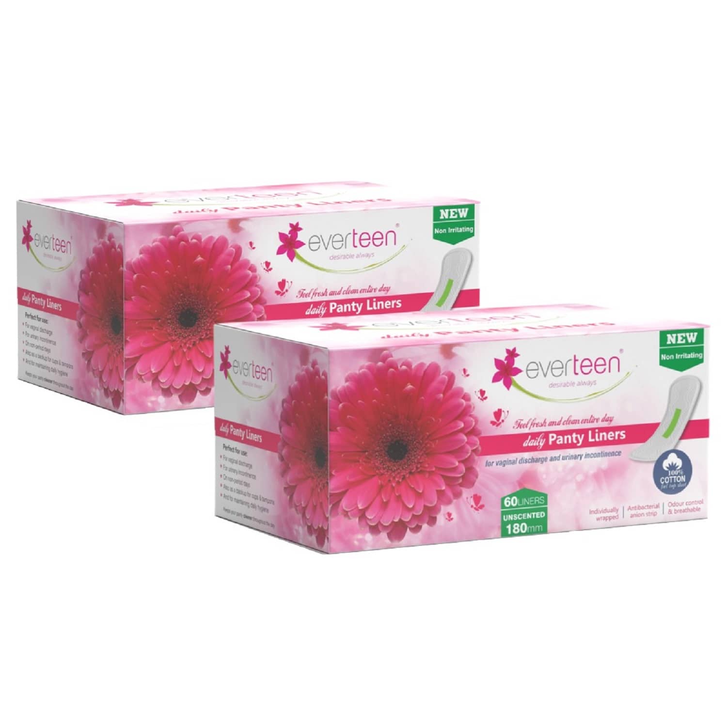 everteen Panty Liners For Women Daily Use With Antibacterial Strip (Box of 120pcs, 180mm)