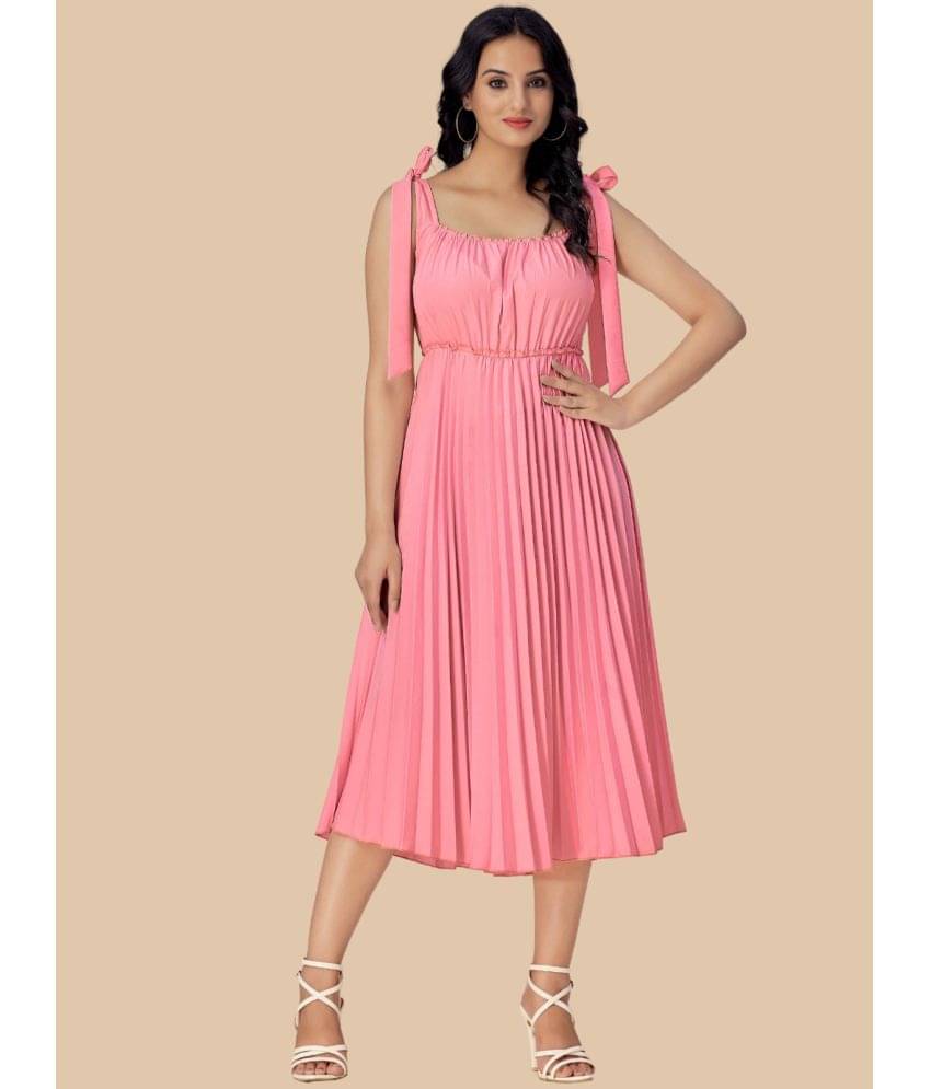 Glomee Women Crepe Solid Fit & Flare Dress ( Coral ) Glomee Women Crepe Solid Fit & Flare Dress ( Coral )