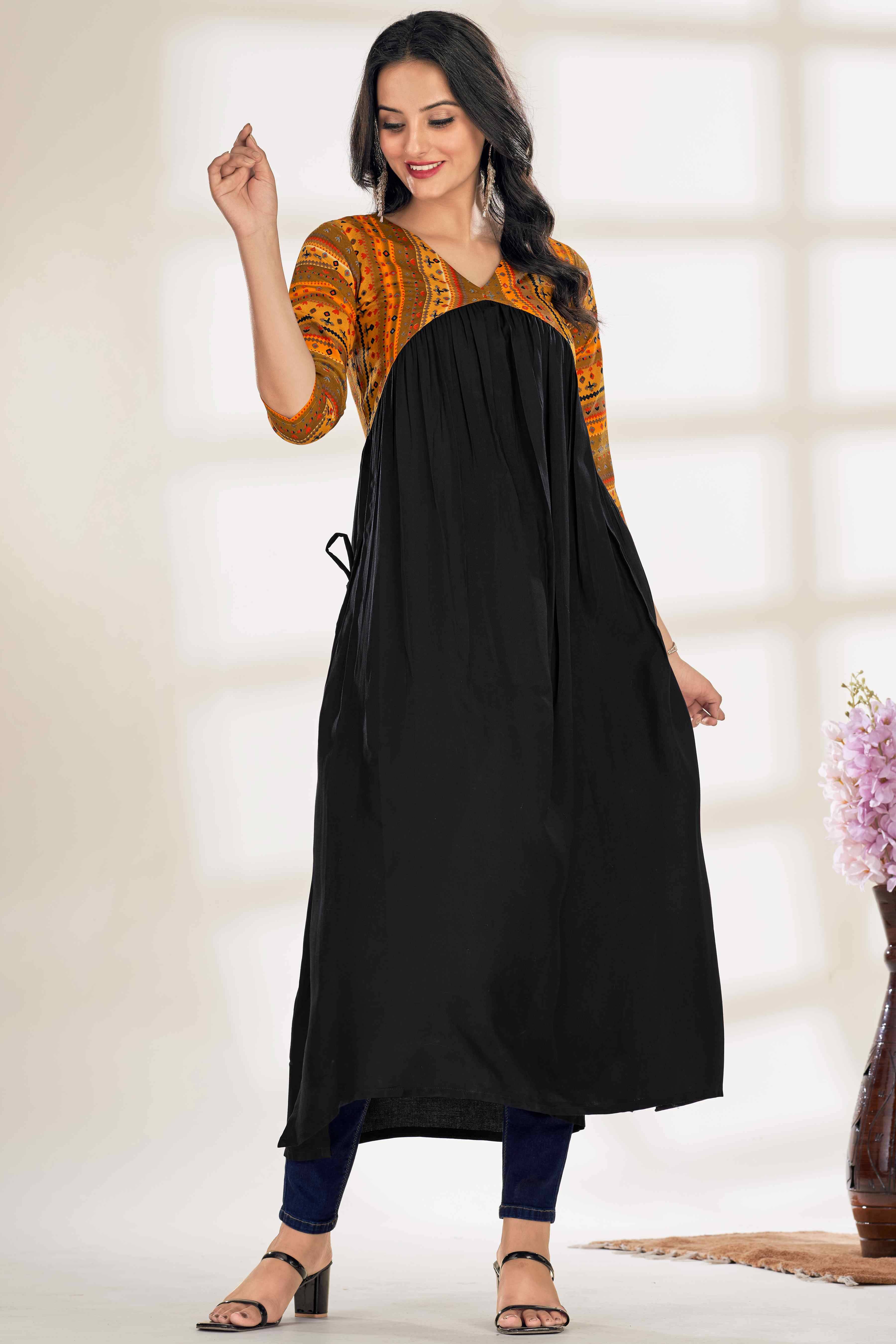 Glomee Rayon Printed Nayra Women's Kurti - Black ( Pack of 1 ) Glomee Rayon Printed Nayra Women's Kurti - Black ( Pack of 1 )