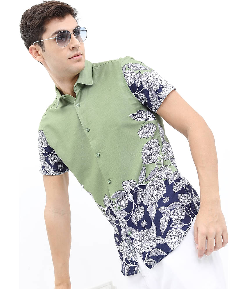 Ketch 100% Cotton Slim Fit Printed Half Sleeves Men's Casual Shirt - Olive ( Pack of 1 )