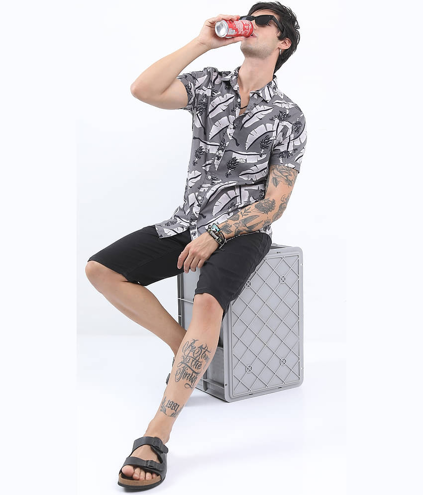 Ketch 100% Cotton Slim Fit Printed Half Sleeves Men's Casual Shirt - Grey ( Pack of 1 )